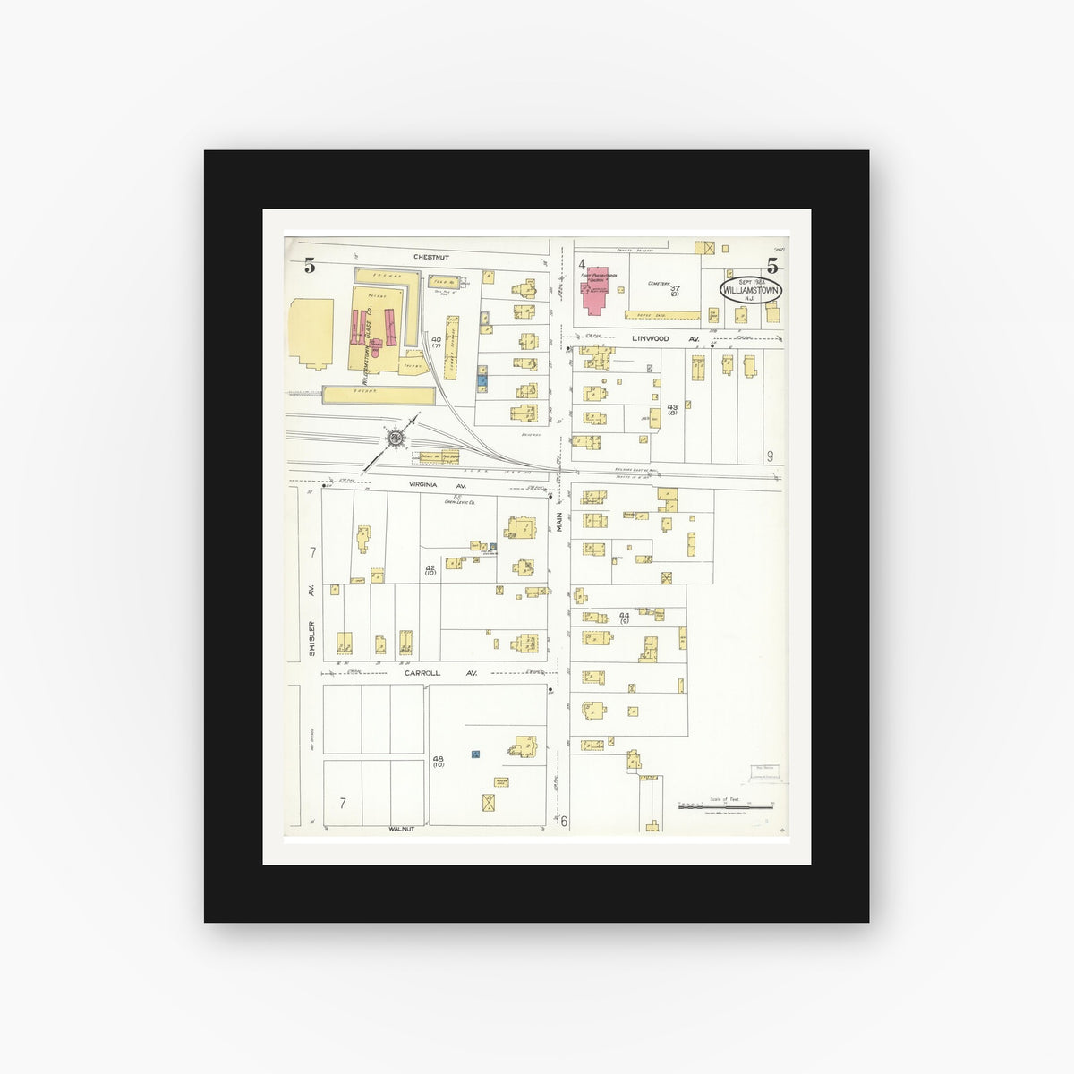 Old map wall art mockup — black gallery frame with white mat — Sanborn Fire Insurance Map from Williamstown, Gloucester County, New Jersey (1923), Sheet #0005