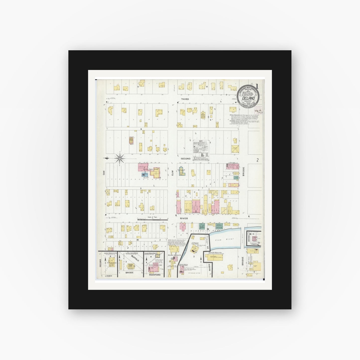 Old map wall art mockup — black gallery frame with white mat — Sanborn Fire Insurance Map from Delano, Wright County, Minnesota (1909) - Complete Map Set