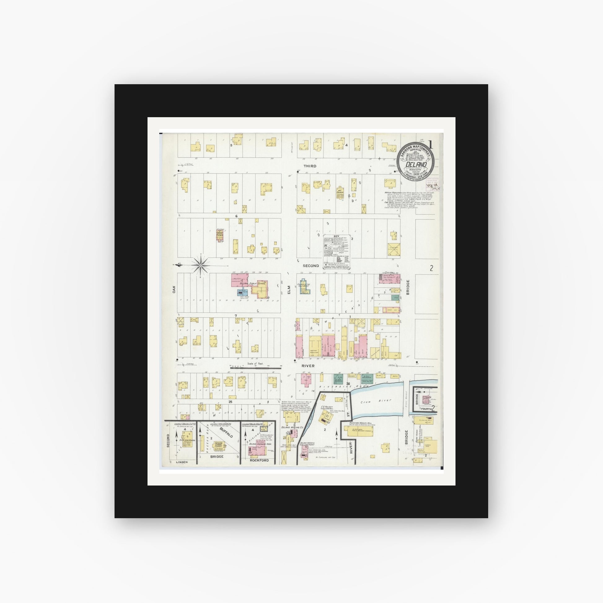 Old map wall art mockup — black gallery frame with white mat — Sanborn Fire Insurance Map from Delano, Wright County, Minnesota (1909) - Complete Map Set