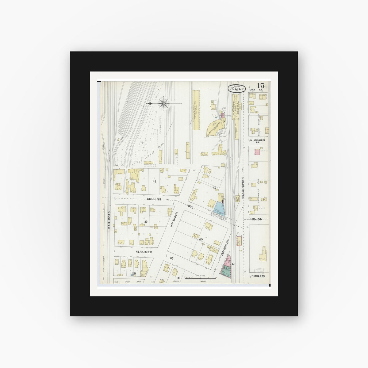 Old map wall art mockup — black gallery frame with white mat — Sanborn Fire Insurance Map from Joliet, Will County, Illinois (1891), Sheet #0015
