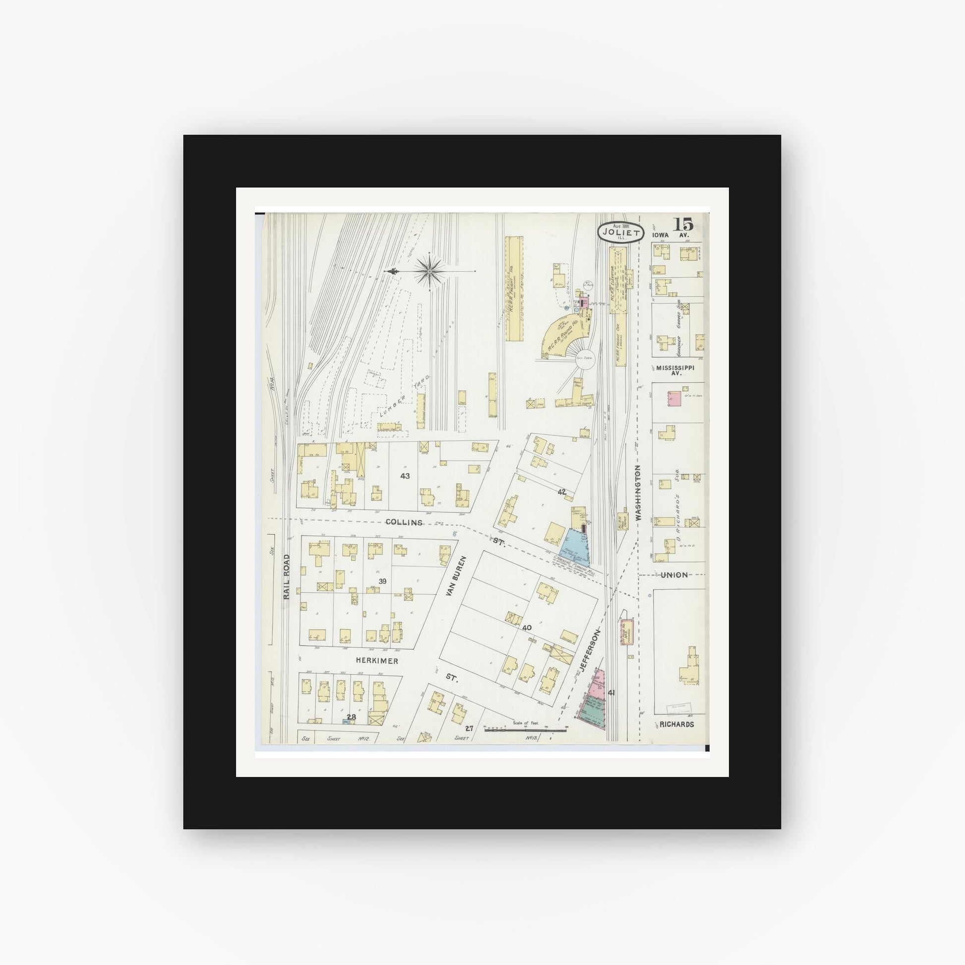 Old map wall art mockup — black gallery frame with white mat — Sanborn Fire Insurance Map from Joliet, Will County, Illinois (1891), Sheet #0015
