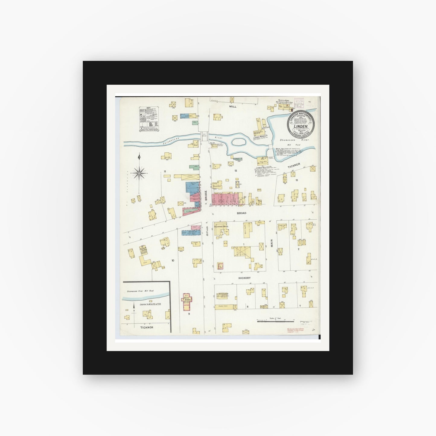 Old map wall art mockup — black gallery frame with white mat — Sanborn Fire Insurance Map from Linden, Genesee County, Michigan (1908), Sheet #0001