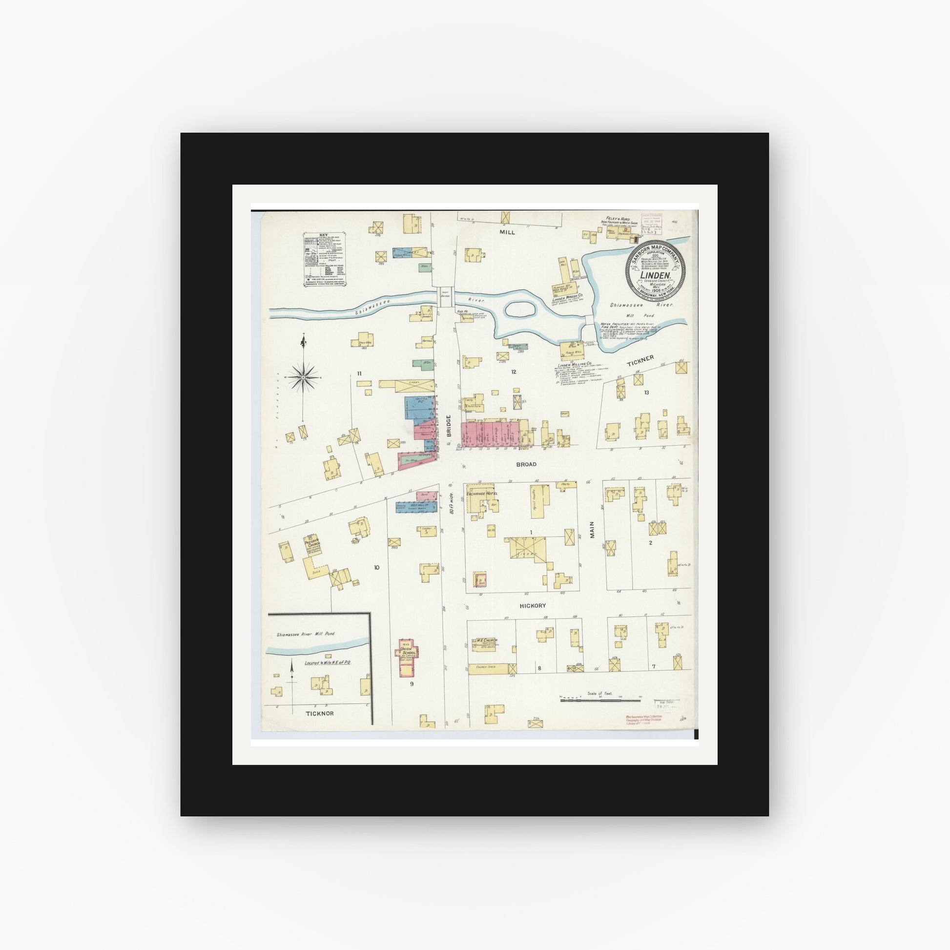 Old map wall art mockup — black gallery frame with white mat — Sanborn Fire Insurance Map from Linden, Genesee County, Michigan (1908), Sheet #0001