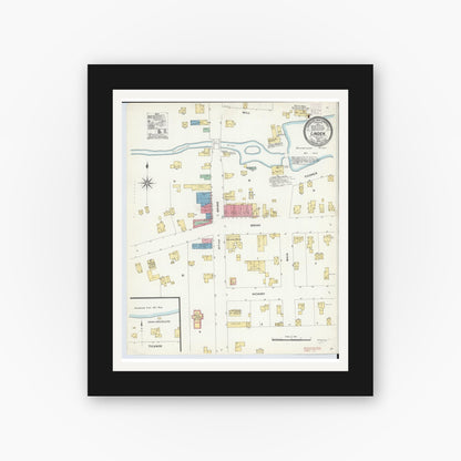 Old map wall art mockup — black gallery frame with white mat — Sanborn Fire Insurance Map from Linden, Genesee County, Michigan (1908), Sheet #0001
