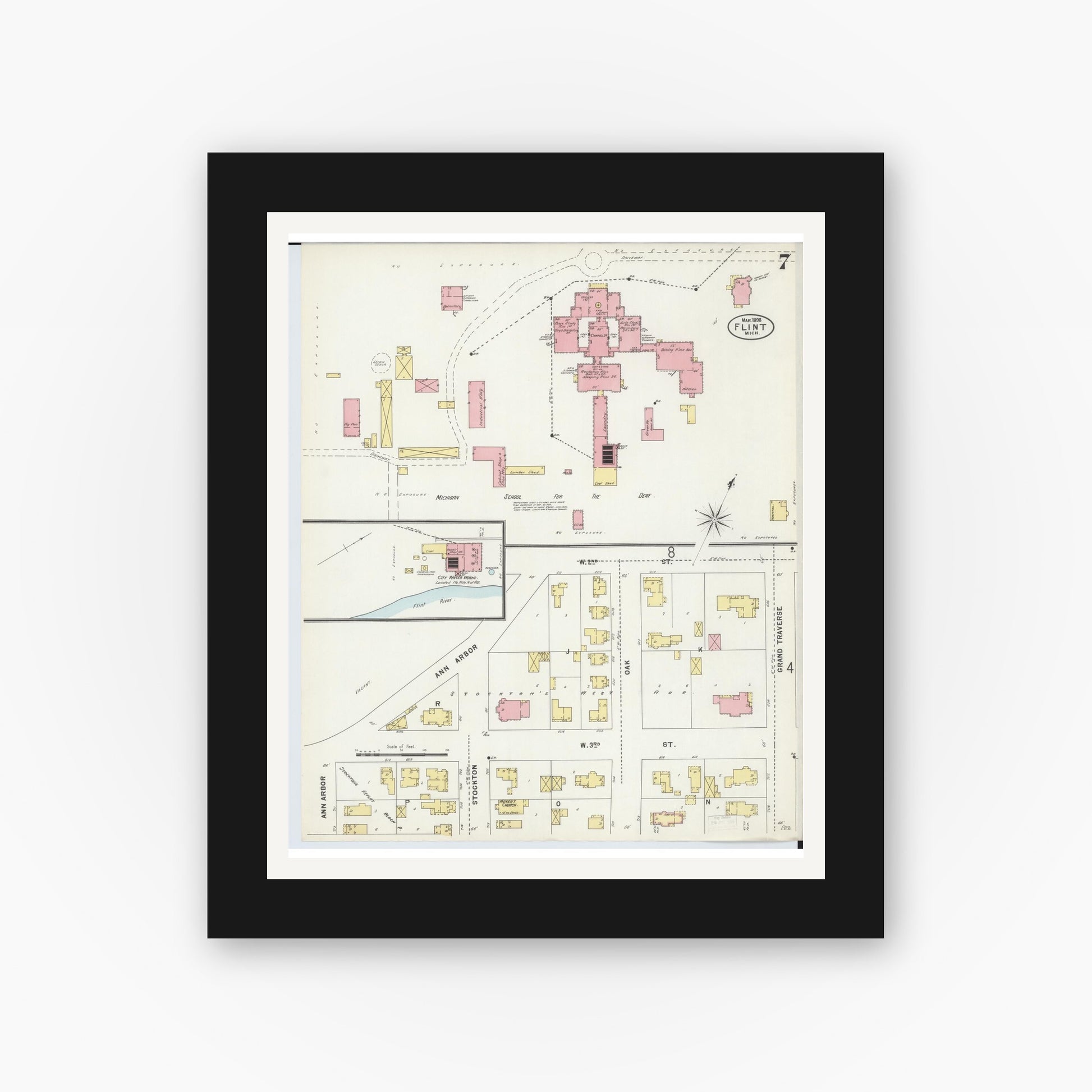 Old map wall art mockup — black gallery frame with white mat — Sanborn Fire Insurance Map from Flint, Genesee County, Michigan (1898), Sheet #0007