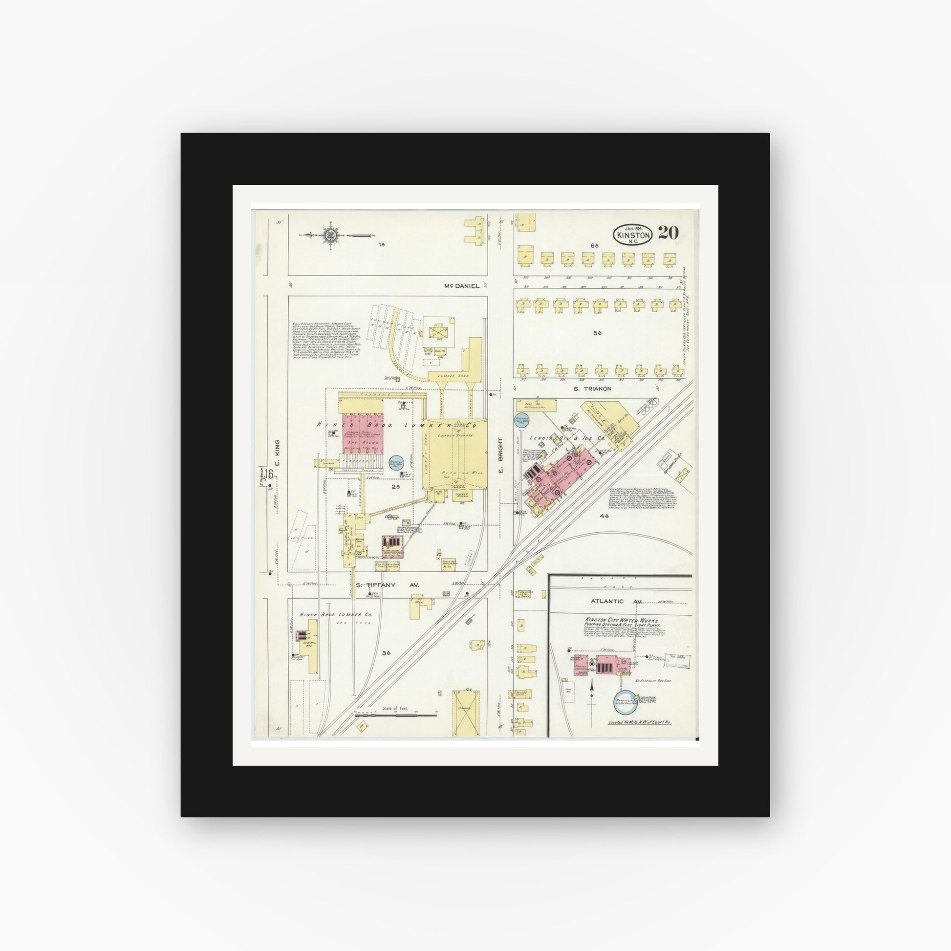 Old map wall art mockup — black gallery frame with white mat — Sanborn Fire Insurance Map from Kinston, Lenoir County, North Carolina (1914), Sheet #0020