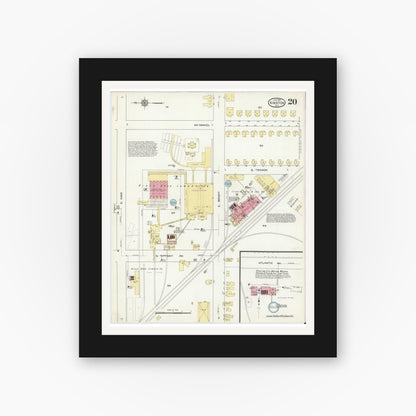 Old map wall art mockup — black gallery frame with white mat — Sanborn Fire Insurance Map from Kinston, Lenoir County, North Carolina (1914), Sheet #0020