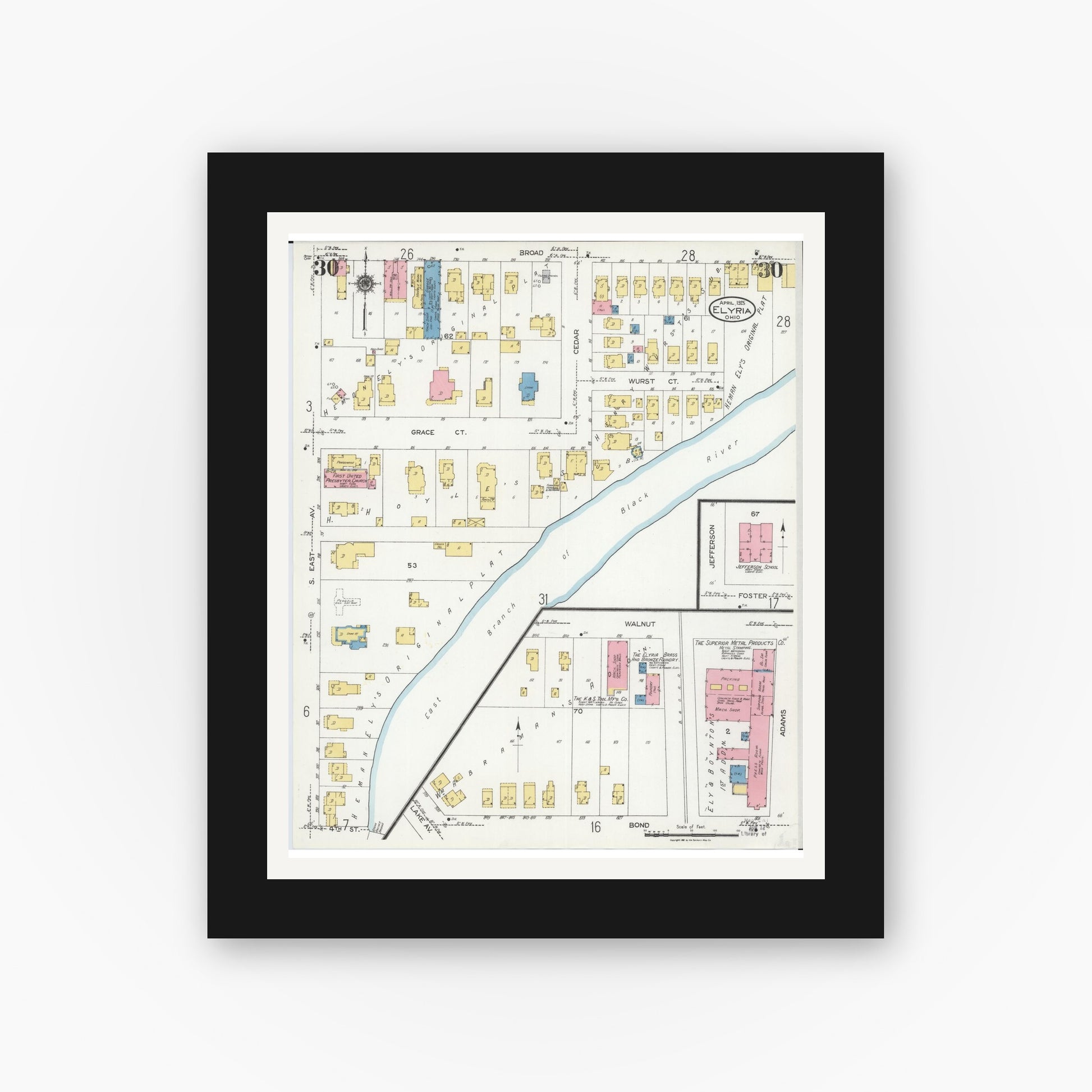 Old map wall art mockup — black gallery frame with white mat — Sanborn Fire Insurance Map from Elyria, Lorain County, Ohio (1925), Sheet #0030