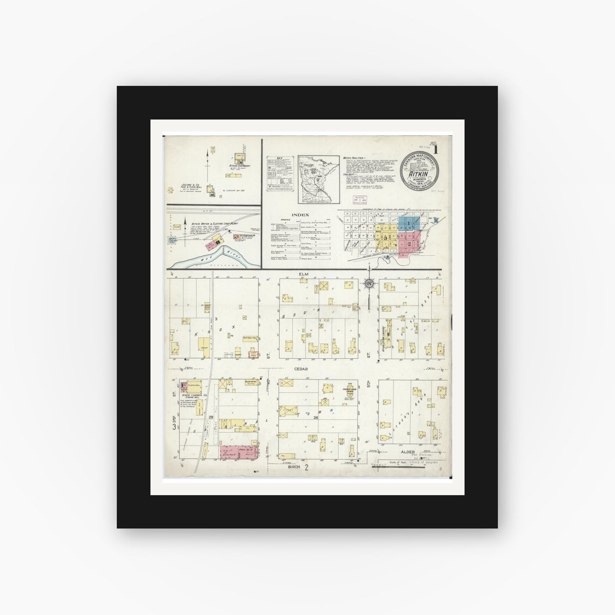 Old map wall art mockup — black gallery frame with white mat — Sanborn Fire Insurance Map from Aitkin, Aitkin County, Minnesota (1914) - Complete Map Set