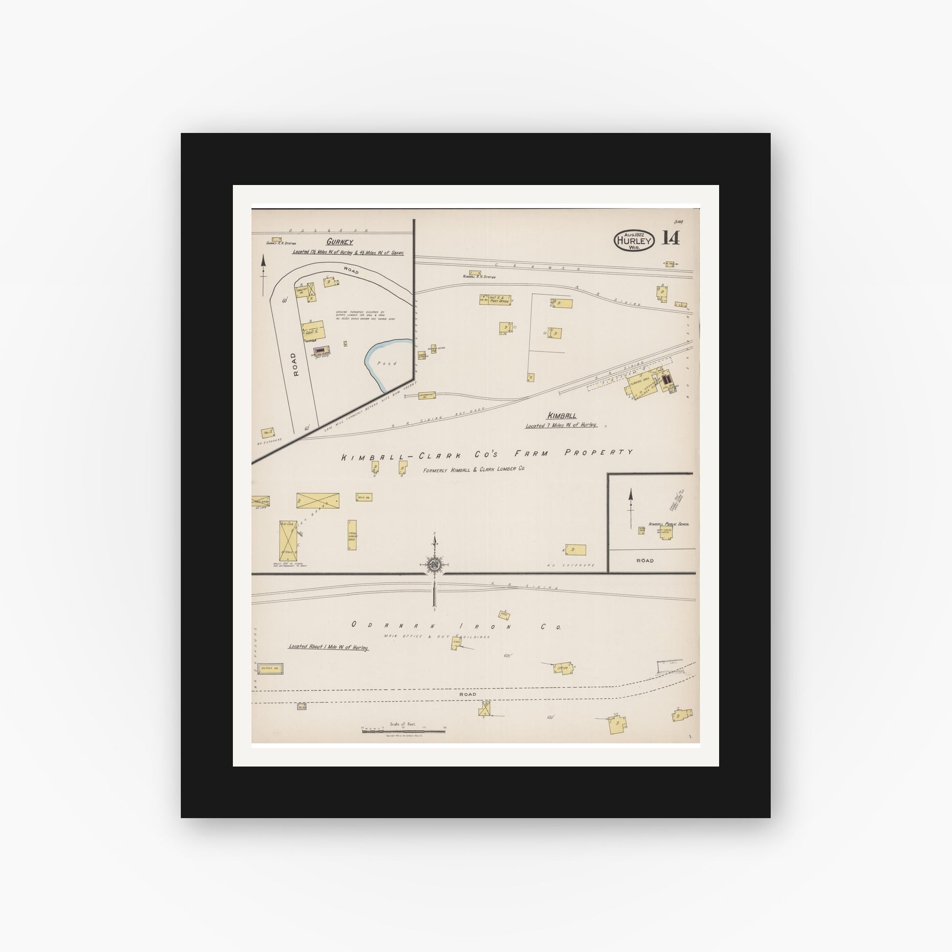 Old map wall art mockup — black gallery frame with white mat — Sanborn Fire Insurance Map from Hurley, Iron County, Wisconsin (1922), Sheet #0014