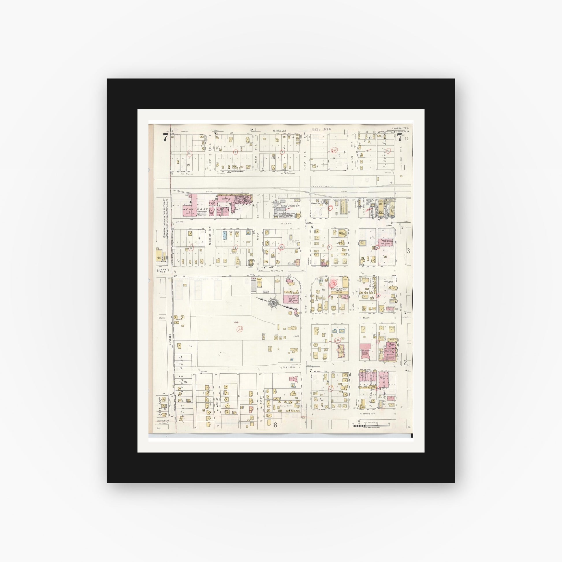 Old map wall art mockup — black gallery frame with white mat — Sanborn Fire Insurance Map from Lamesa, Dawson County, Texas (1948), Sheet #0007