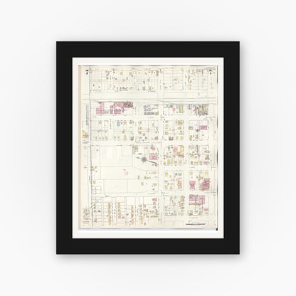 Old map wall art mockup — black gallery frame with white mat — Sanborn Fire Insurance Map from Lamesa, Dawson County, Texas (1948), Sheet #0007