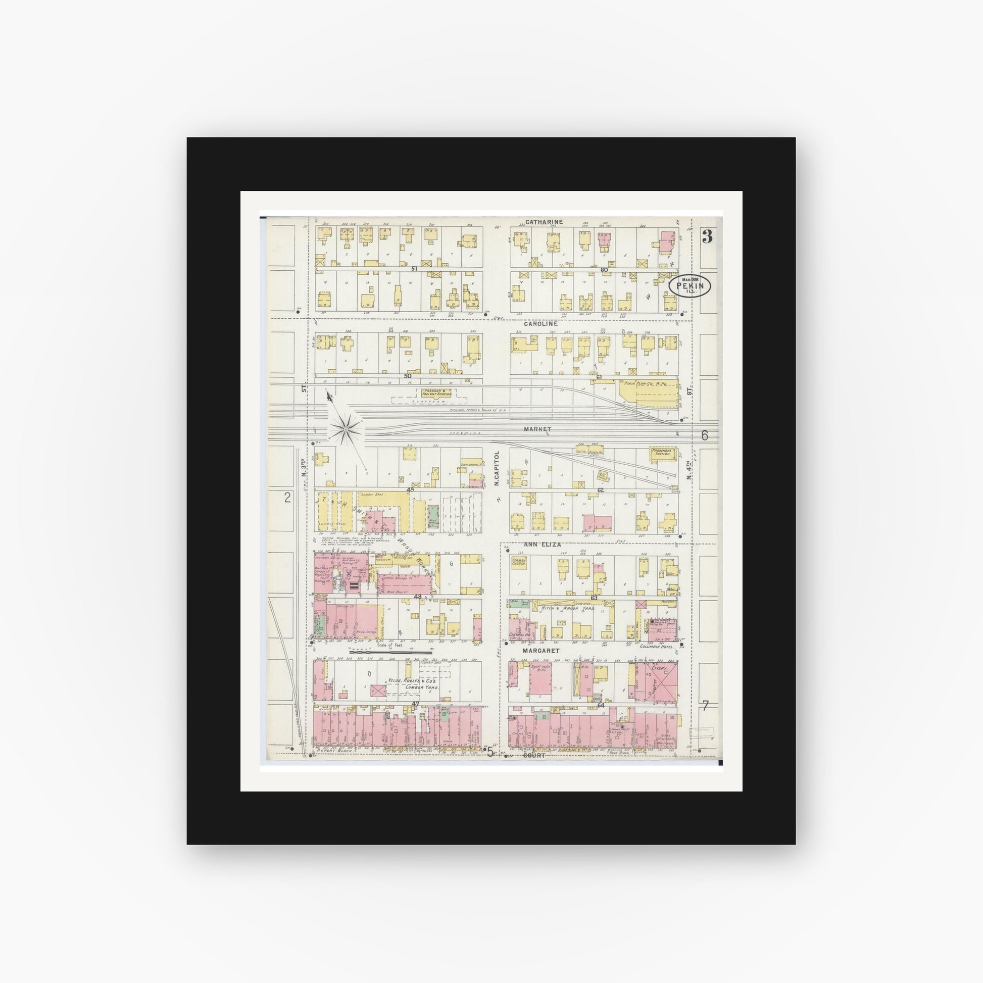 Old map wall art mockup — black gallery frame with white mat — Sanborn Fire Insurance Map from Pekin, Tazewell County, Illinois (1898), Sheet #0003