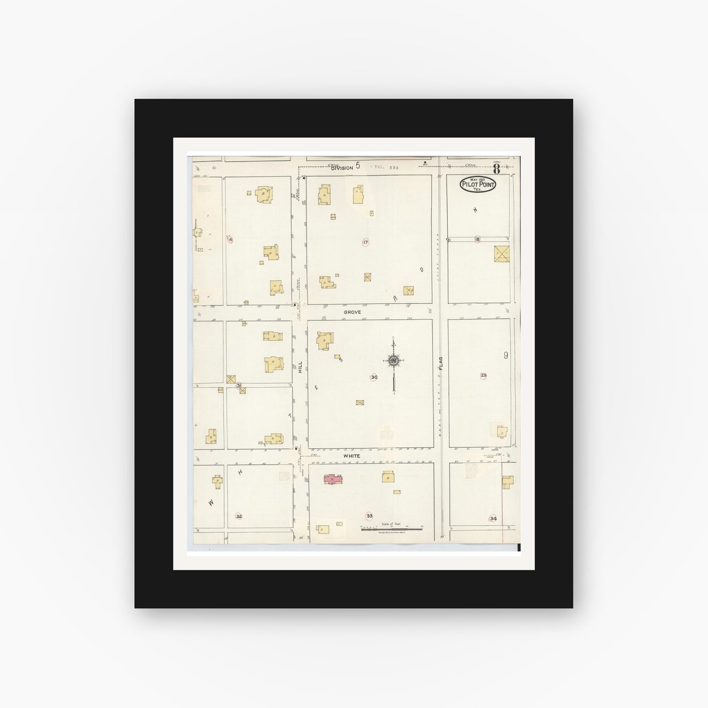 Old map wall art mockup — black gallery frame with white mat — Sanborn Fire Insurance Map from Pilot Point, Denton County, Texas (1940), Sheet #0008