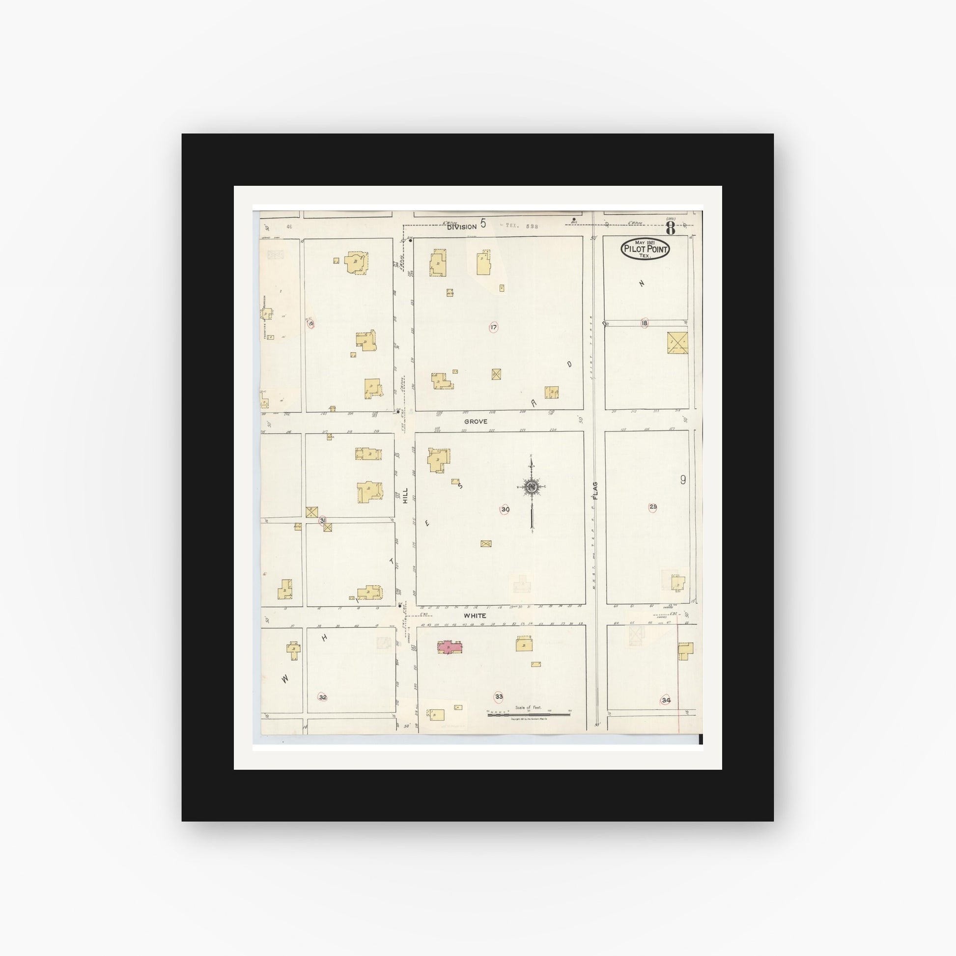 Old map wall art mockup — black gallery frame with white mat — Sanborn Fire Insurance Map from Pilot Point, Denton County, Texas (1940), Sheet #0008