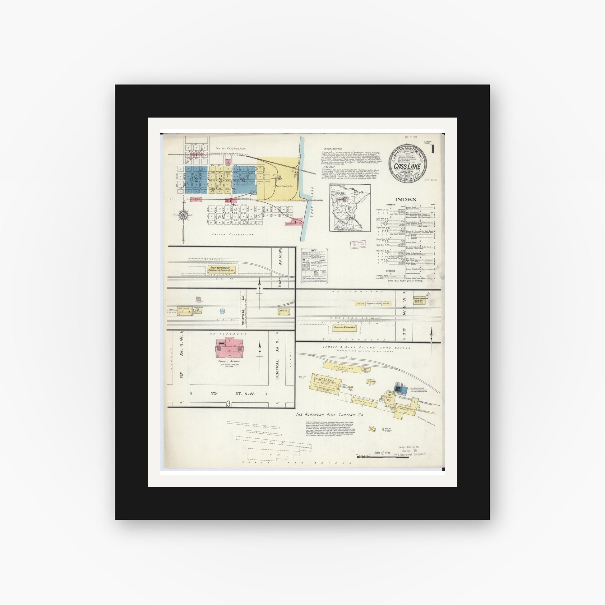 Old map wall art mockup — black gallery frame with white mat — Sanborn Fire Insurance Map from Cass Lake, Cass County, Minnesota (1913) - Complete Map Set