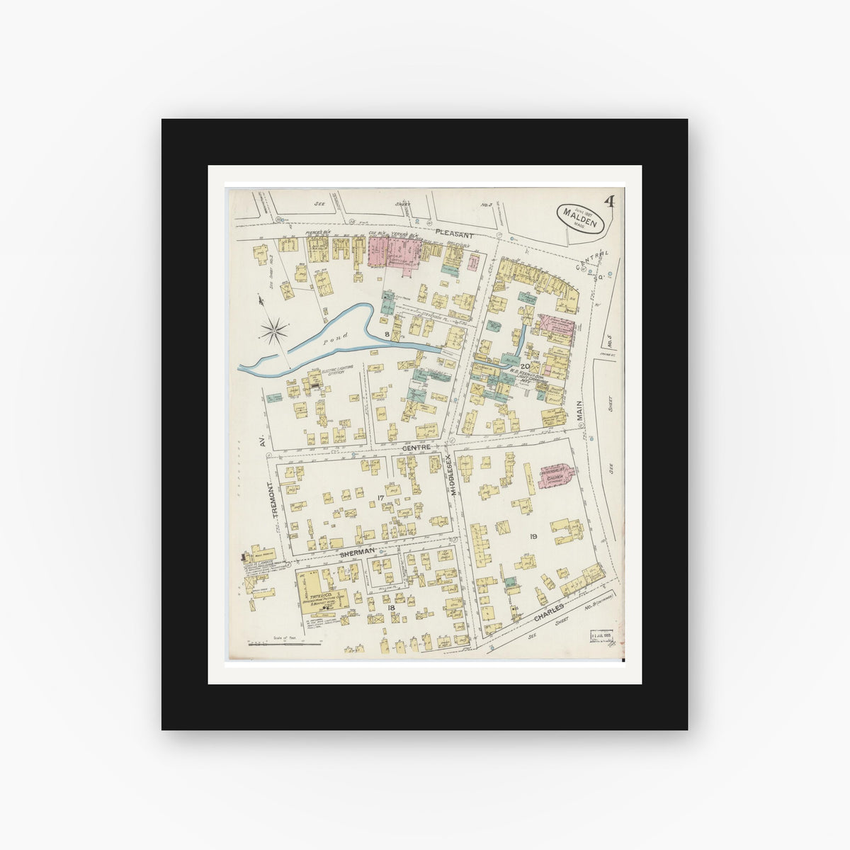 Old map wall art mockup — black gallery frame with white mat — Sanborn Fire Insurance Map from Malden, Middlesex County, Massachusetts (1887), Sheet #0004