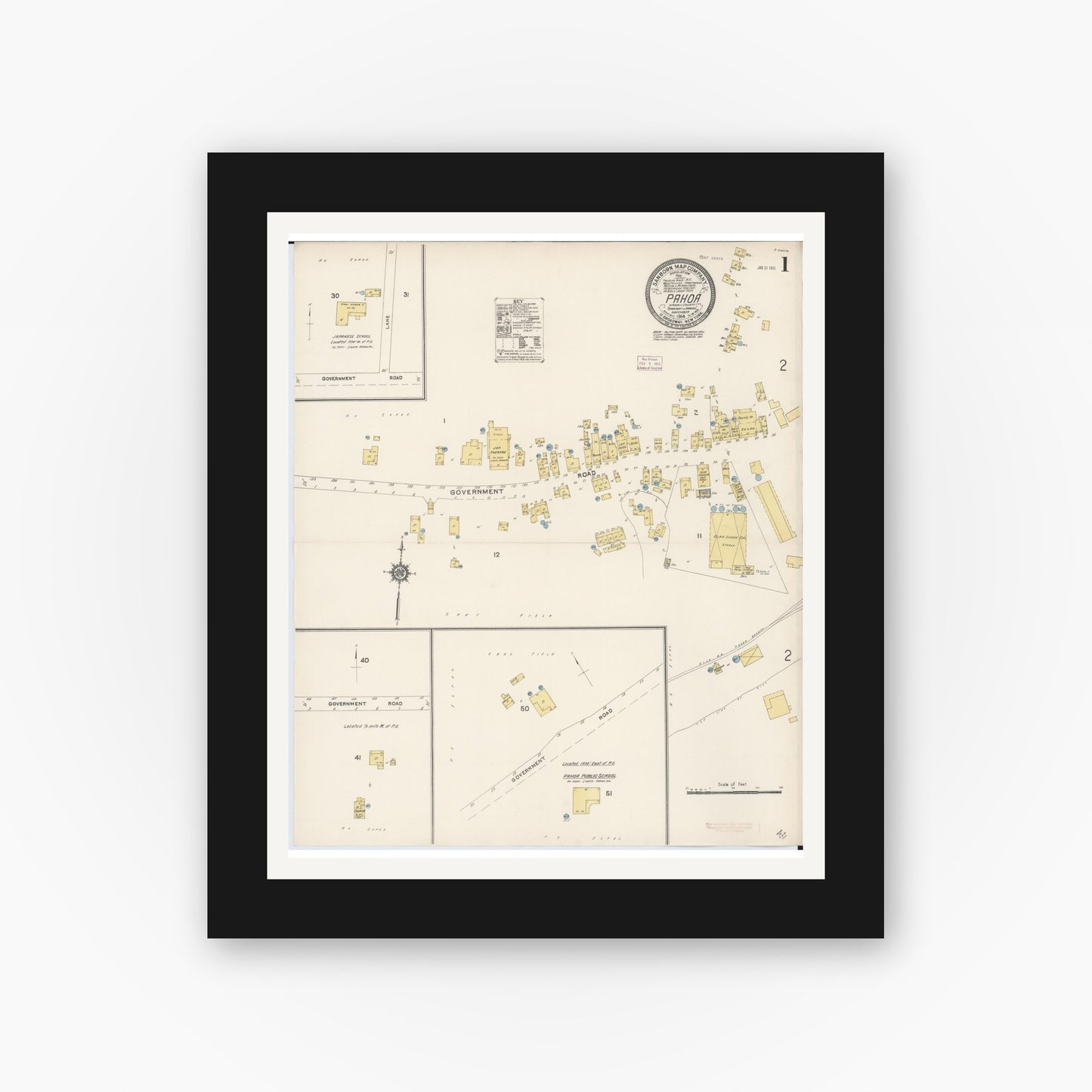 Old map wall art mockup — black gallery frame with white mat — Sanborn Fire Insurance Map from Pahoa, Hawaii County, Hawaii (1914), Sheet #0001