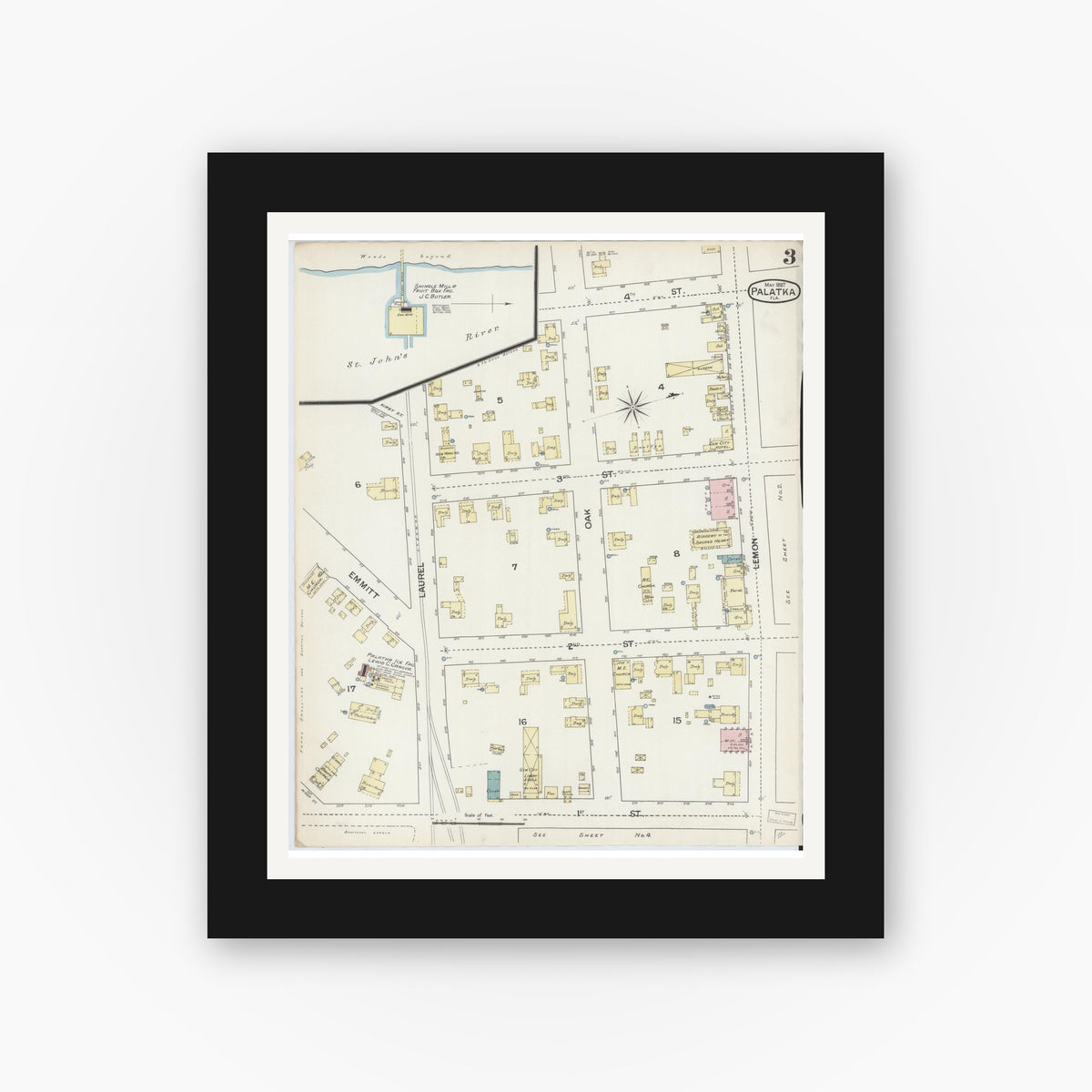 Old map wall art mockup — black gallery frame with white mat — Sanborn Fire Insurance Map from Palatka, Putnam County, Florida (1887), Sheet #0003
