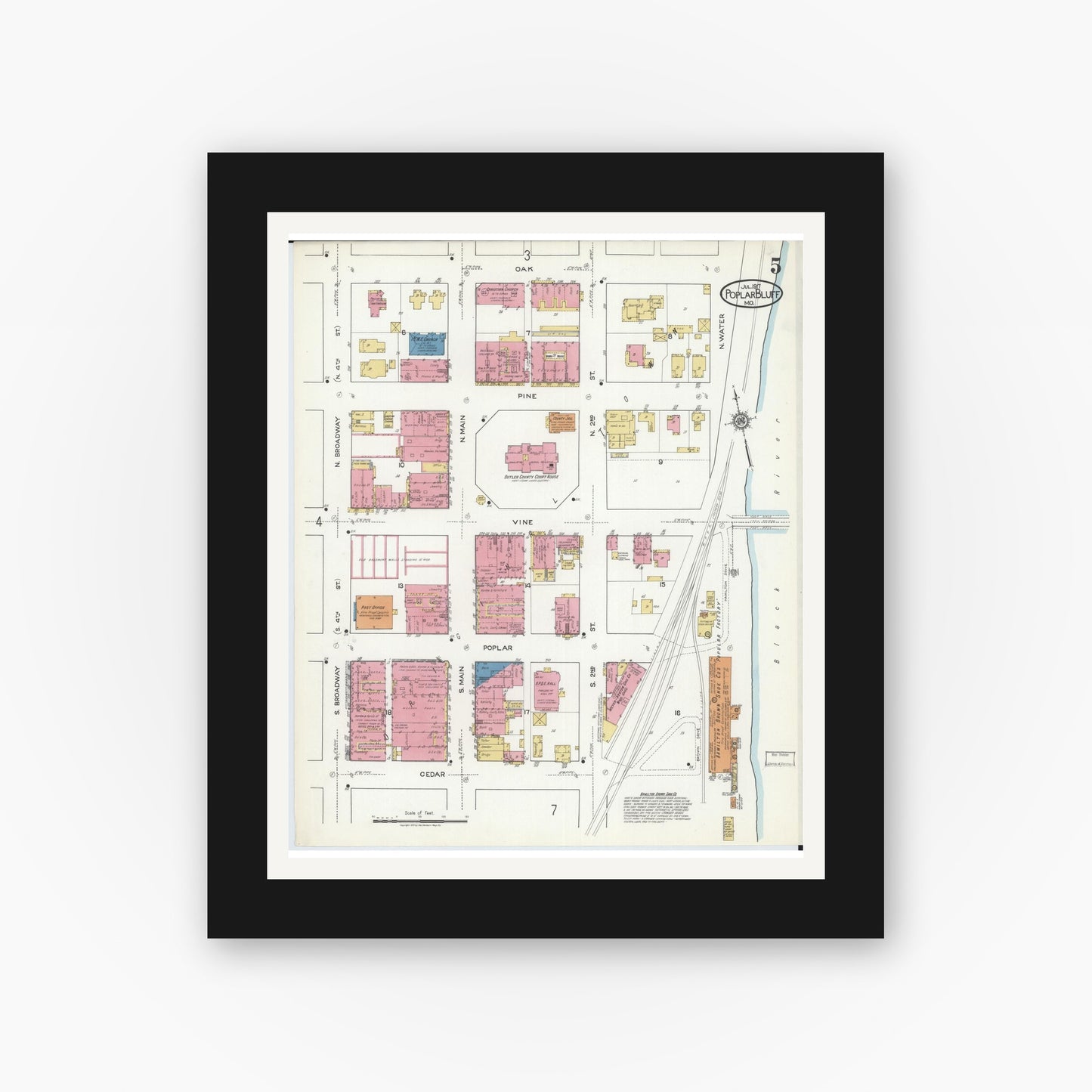 Old map wall art mockup — black gallery frame with white mat — Sanborn Fire Insurance Map from Poplar Bluff, Butler County, Missouri (1917), Sheet #0005