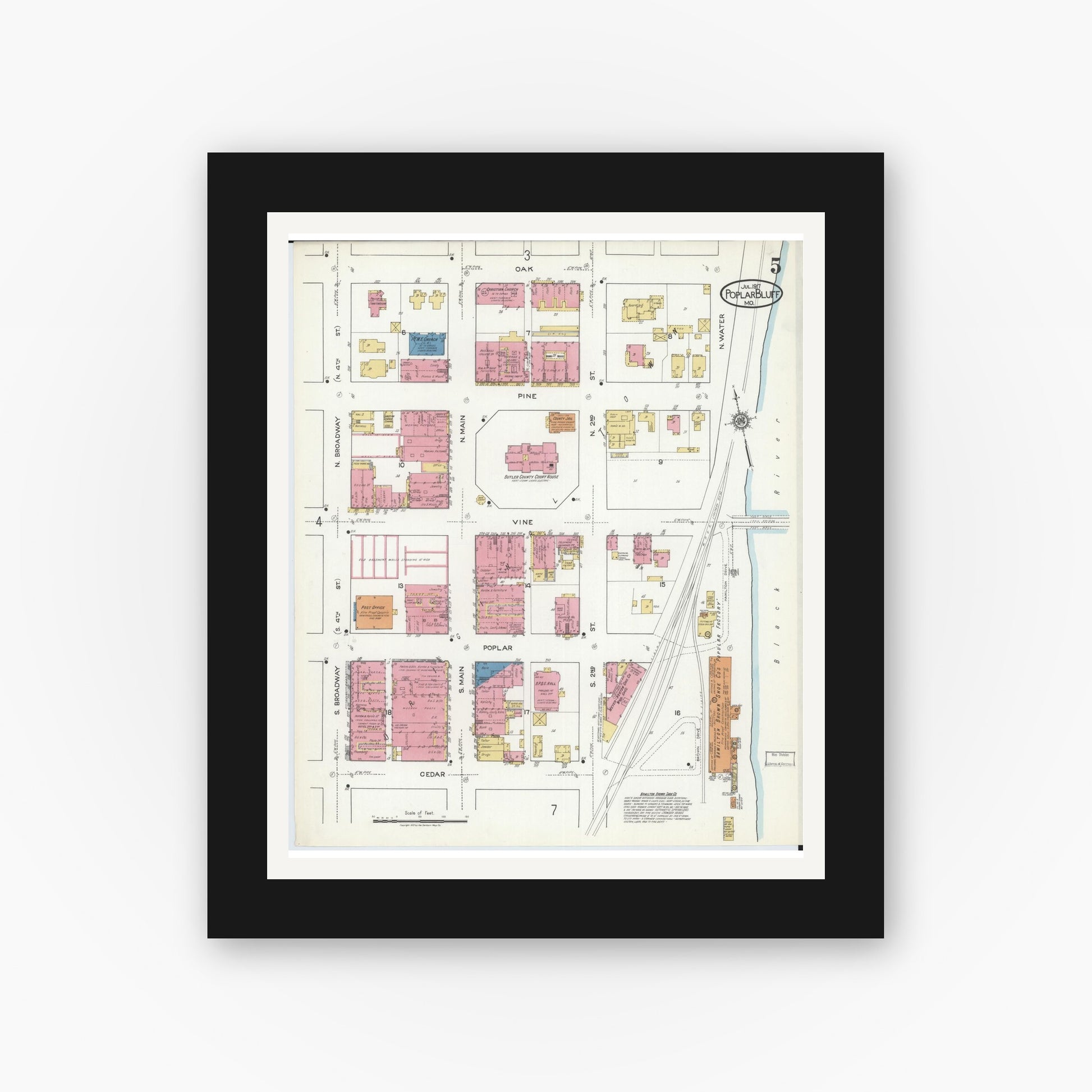 Old map wall art mockup — black gallery frame with white mat — Sanborn Fire Insurance Map from Poplar Bluff, Butler County, Missouri (1917), Sheet #0005