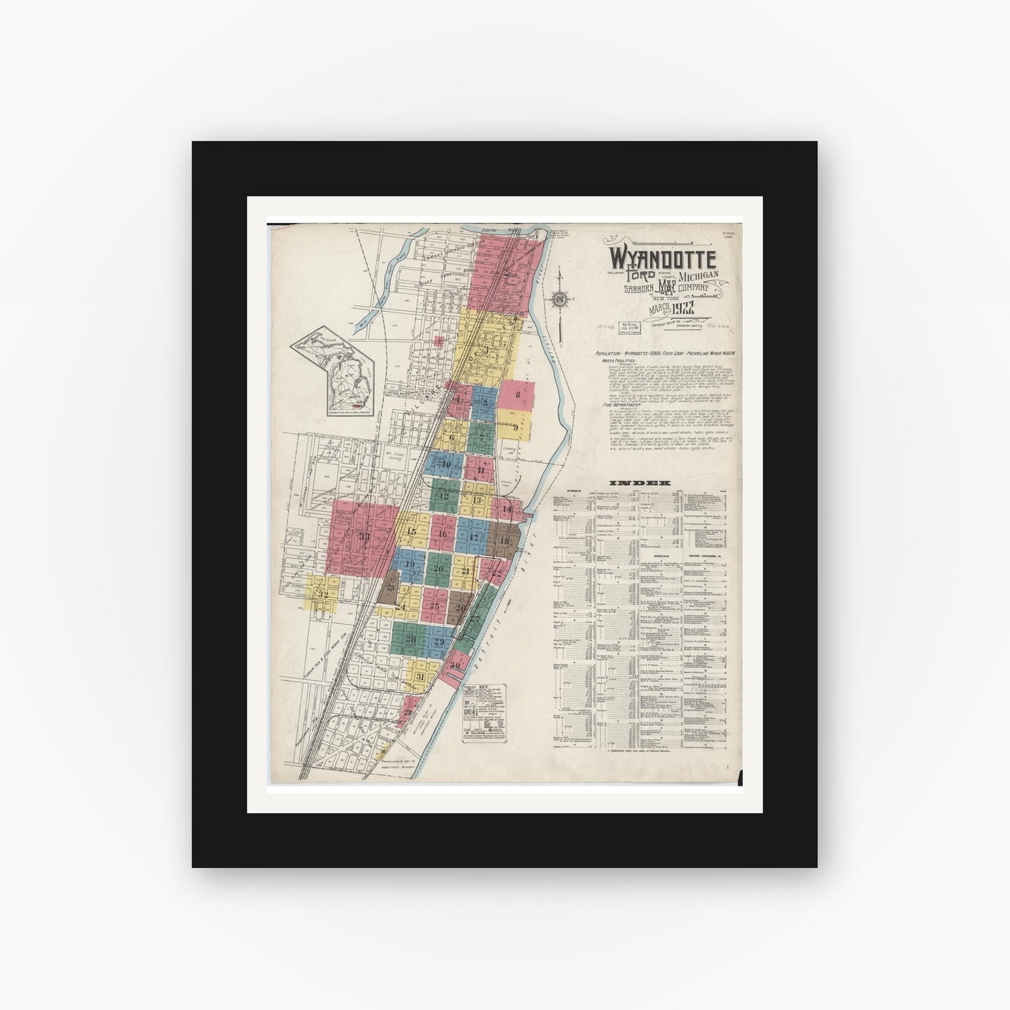 Old map wall art mockup — black gallery frame with white mat — Sanborn Fire Insurance Map from Wyandotte, Wayne County, Michigan (1922) - Complete Map Set