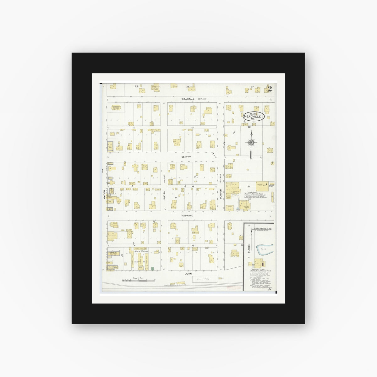 Old map wall art mockup — black gallery frame with white mat — Sanborn Fire Insurance Map from Meadville, Linn County, Missouri (1910), Sheet #0002