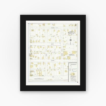 Old map wall art mockup — black gallery frame with white mat — Sanborn Fire Insurance Map from Meadville, Linn County, Missouri (1910), Sheet #0002