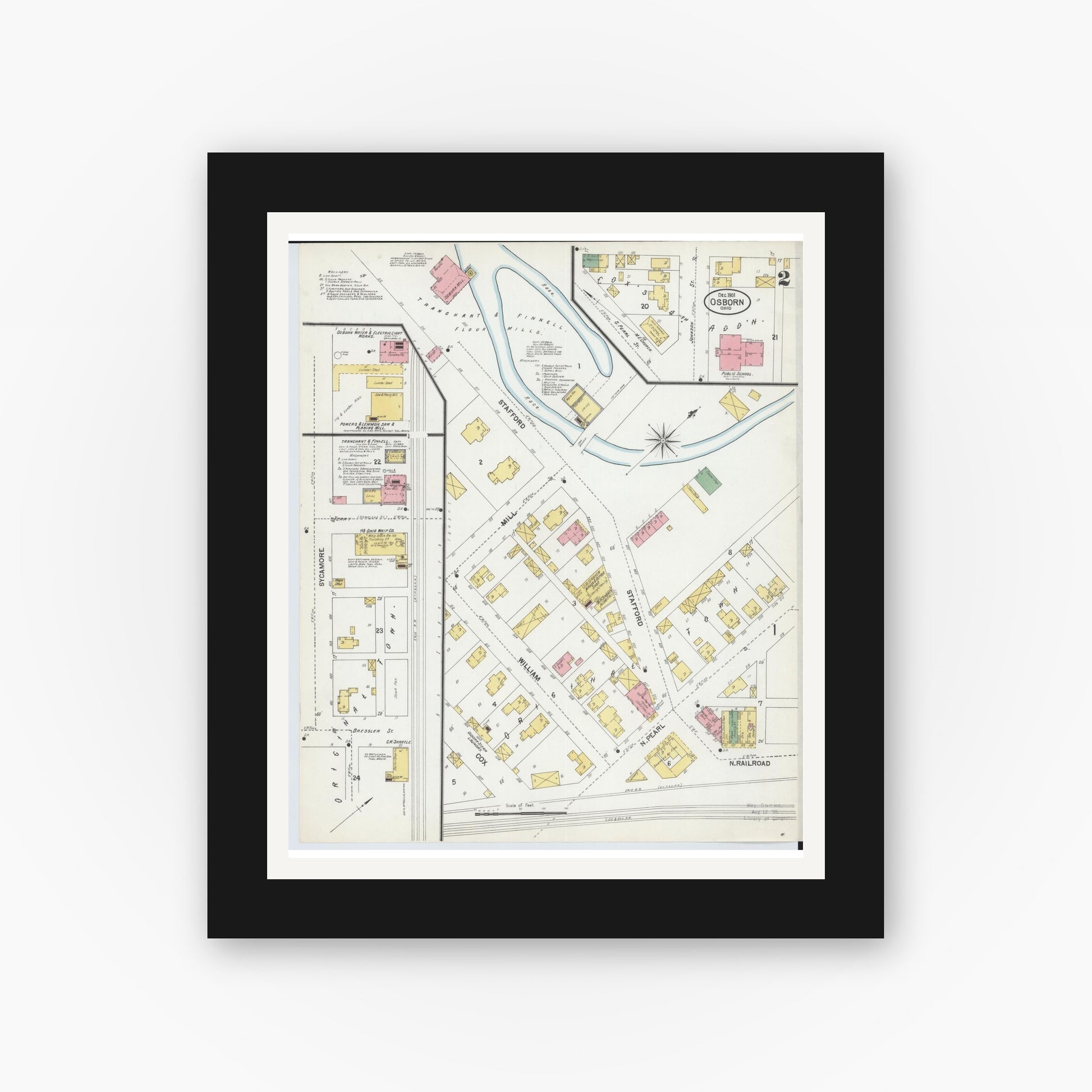 Old map wall art mockup — black gallery frame with white mat — Sanborn Fire Insurance Map from Osborn, Greene County, Ohio (1901), Sheet #0002