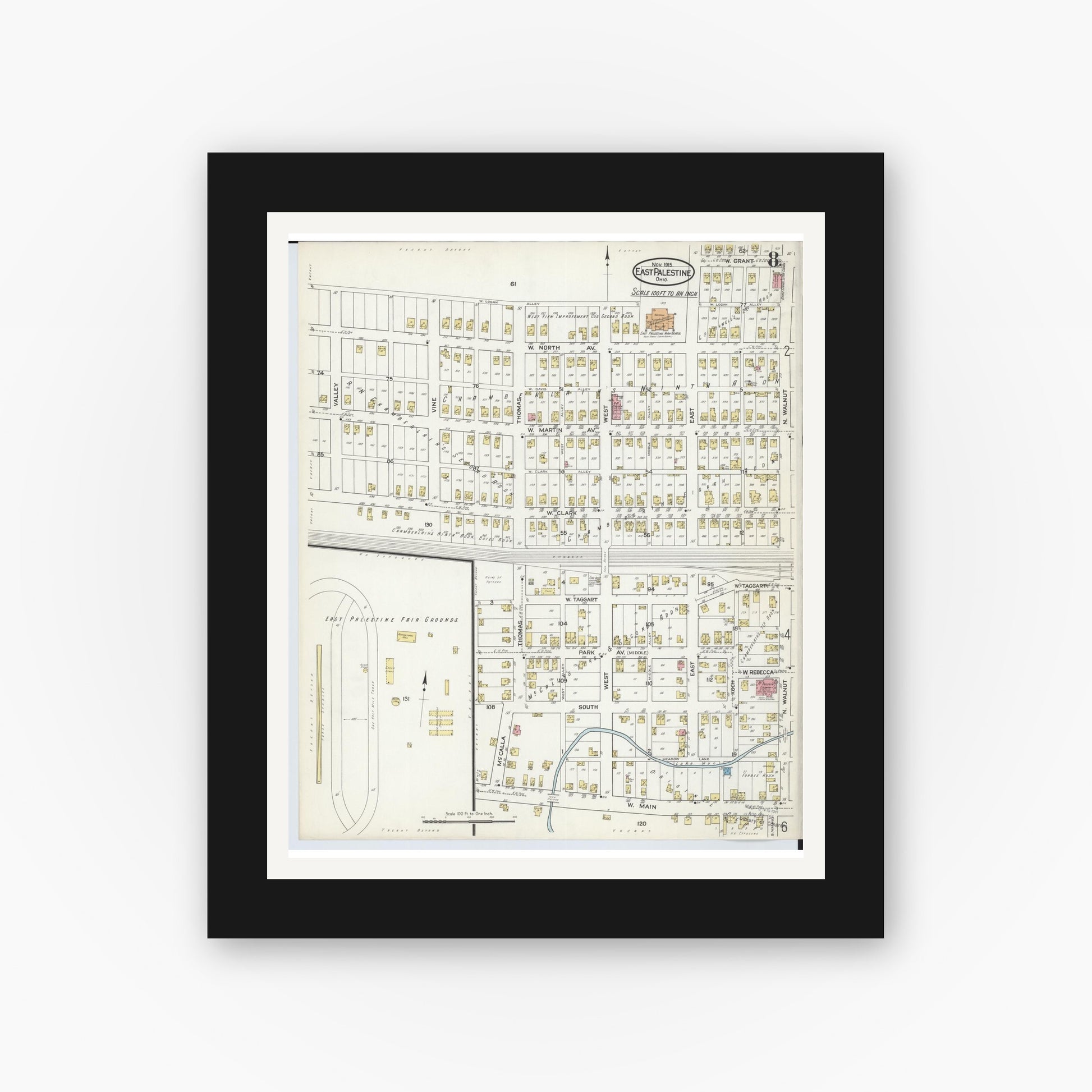 Old map wall art mockup — black gallery frame with white mat — Sanborn Fire Insurance Map from East Palestine, Columbiana County, Ohio (1915), Sheet #0008