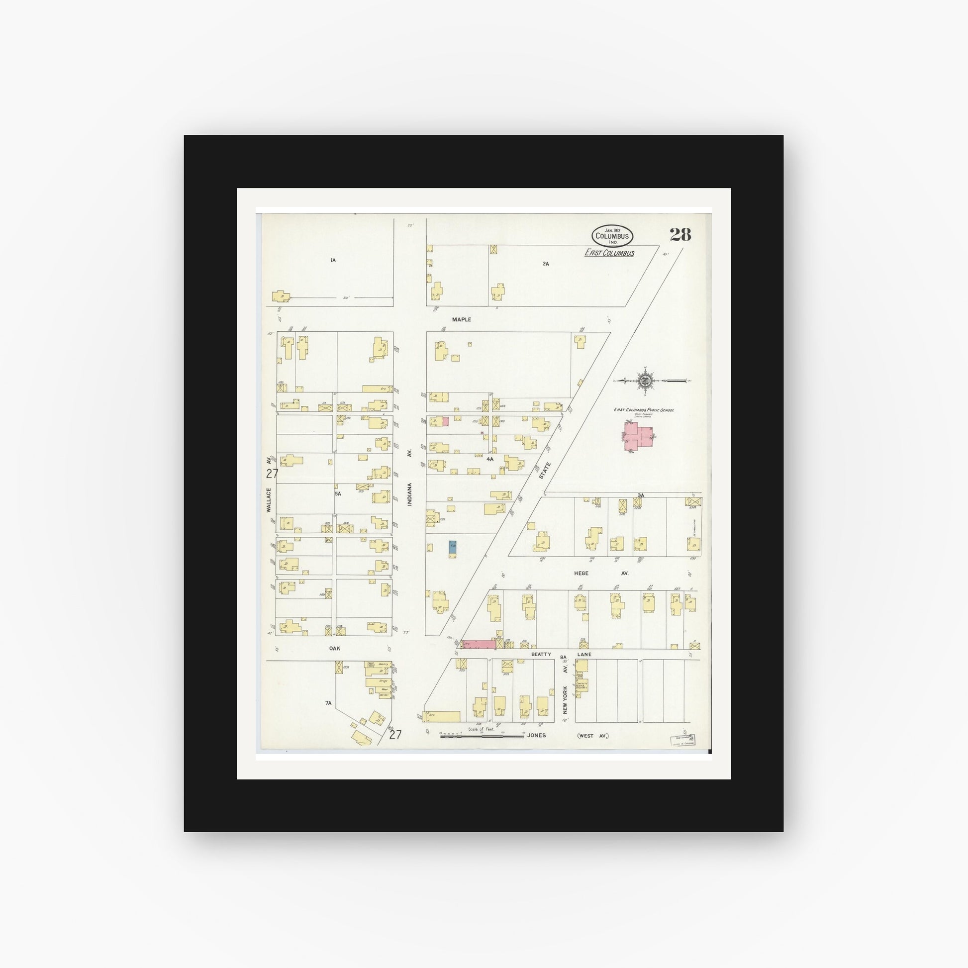 Old map wall art mockup — black gallery frame with white mat — Sanborn Fire Insurance Map from Columbus, Bartholomew County, Indiana (1912), Sheet #0028