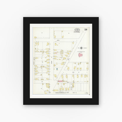 Old map wall art mockup — black gallery frame with white mat — Sanborn Fire Insurance Map from Columbus, Bartholomew County, Indiana (1912), Sheet #0028