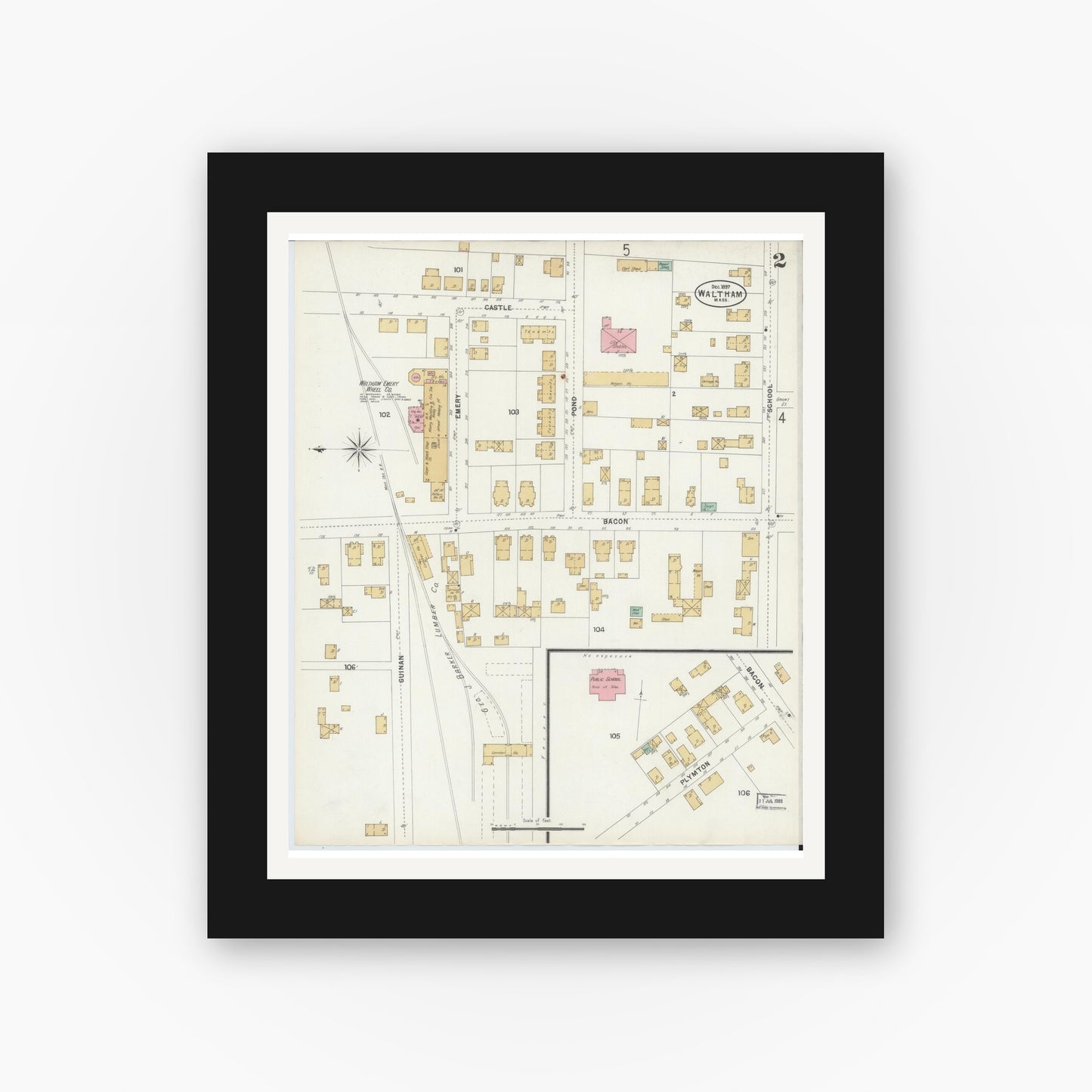 Old map wall art mockup — black gallery frame with white mat — Sanborn Fire Insurance Map from Waltham, Middlesex County, Massachusetts (1897), Sheet #0002