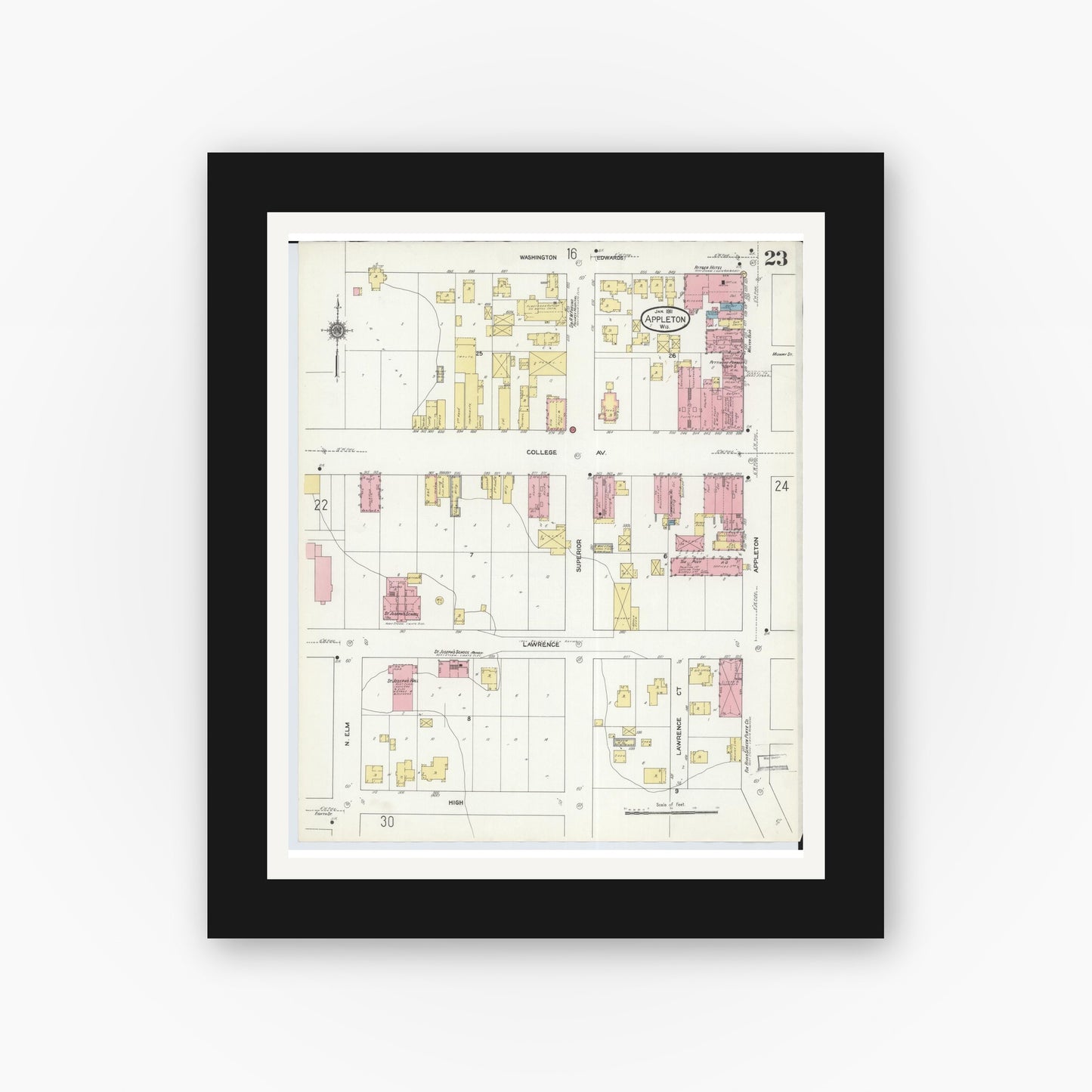 Old map wall art mockup — black gallery frame with white mat — Sanborn Fire Insurance Map from Appleton, Outagamie County, Wisconsin (1911), Sheet #0023