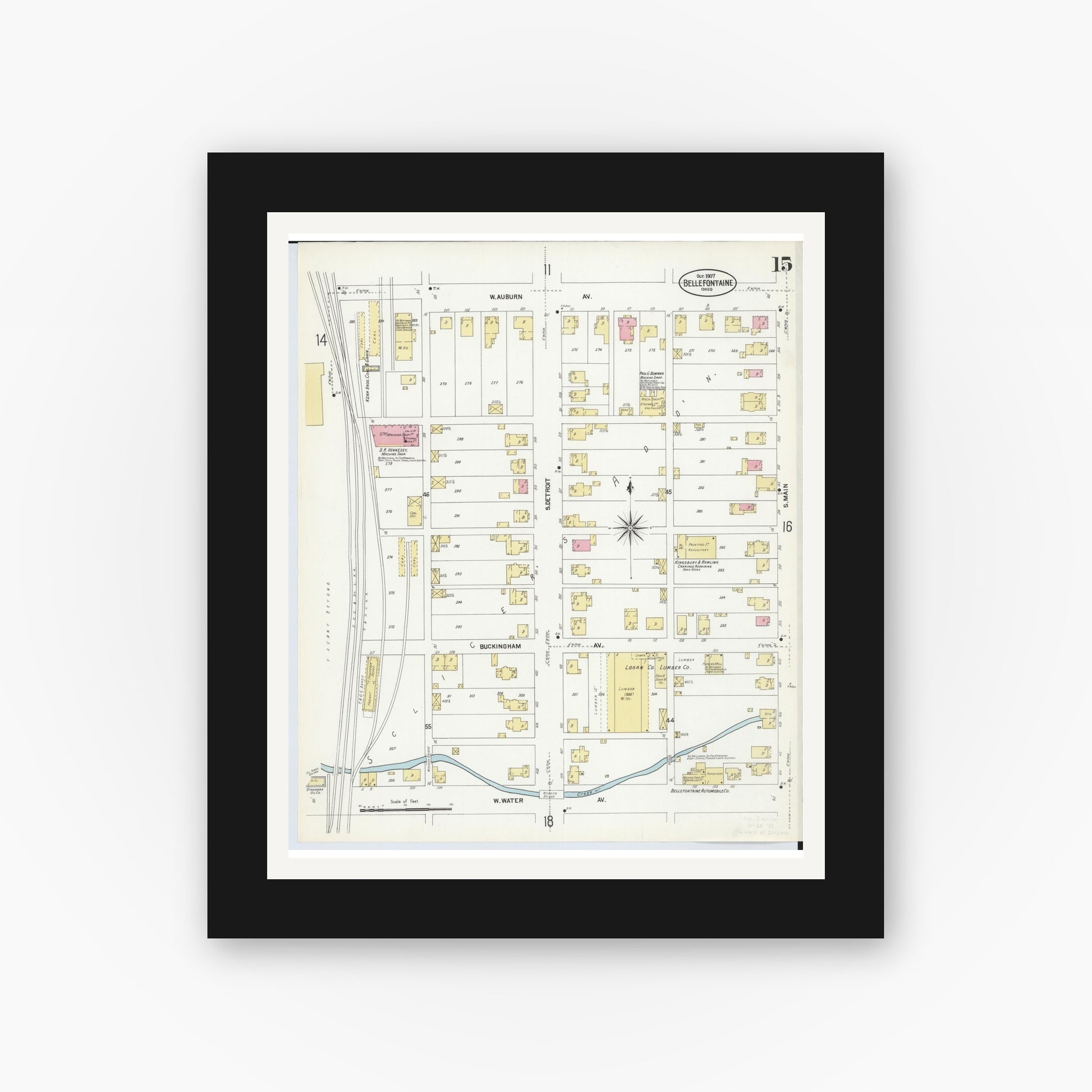 Old map wall art mockup — black gallery frame with white mat — Sanborn Fire Insurance Map from Bellefontaine, Logan County, Ohio (1907), Sheet #0015