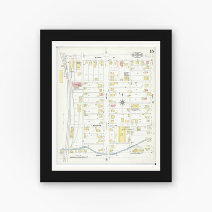 Old map wall art mockup — black gallery frame with white mat — Sanborn Fire Insurance Map from Bellefontaine, Logan County, Ohio (1907), Sheet #0015