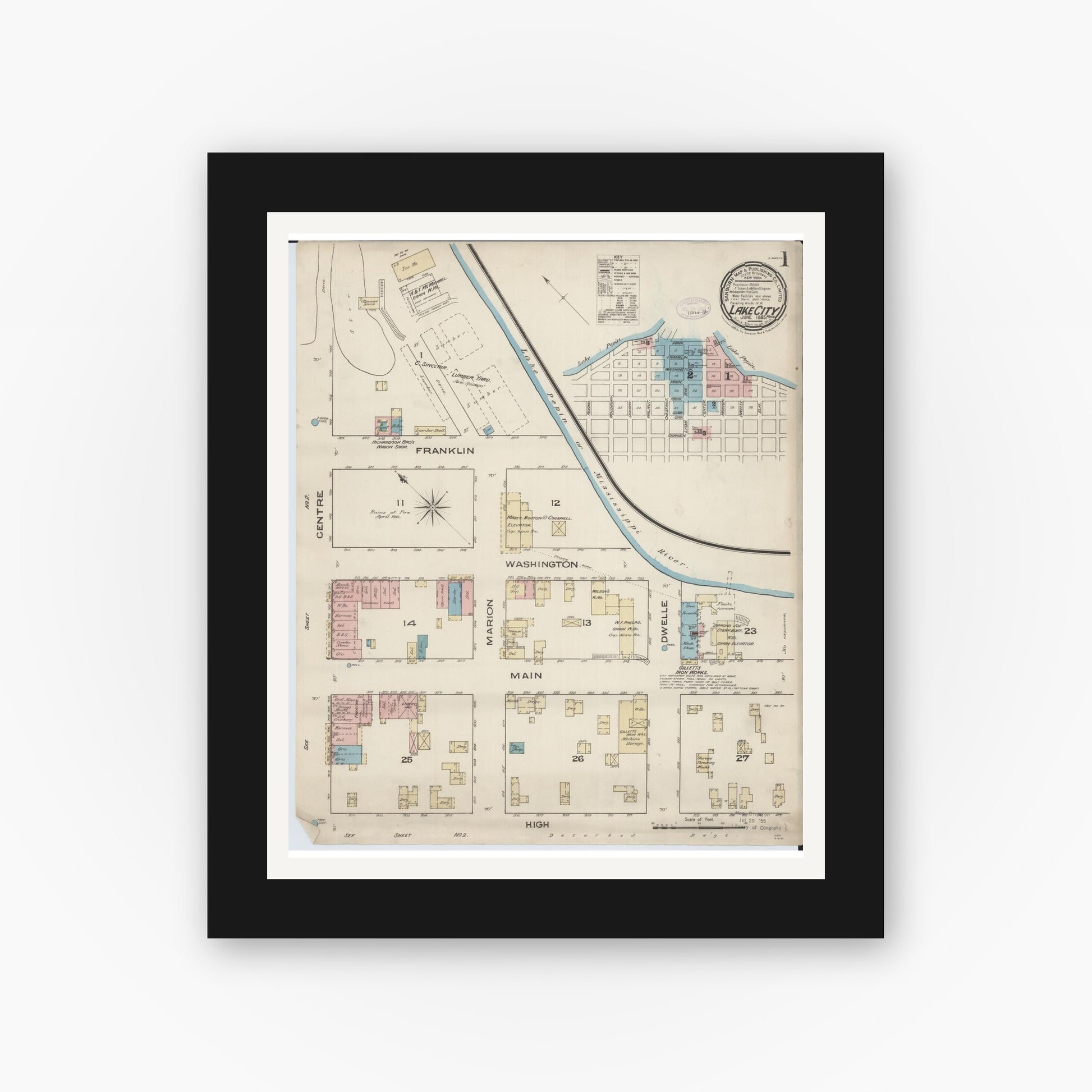 Old map wall art mockup — black gallery frame with white mat — Sanborn Fire Insurance Map from Lake City, Wabasha County, Minnesota (1885), Sheet #0001