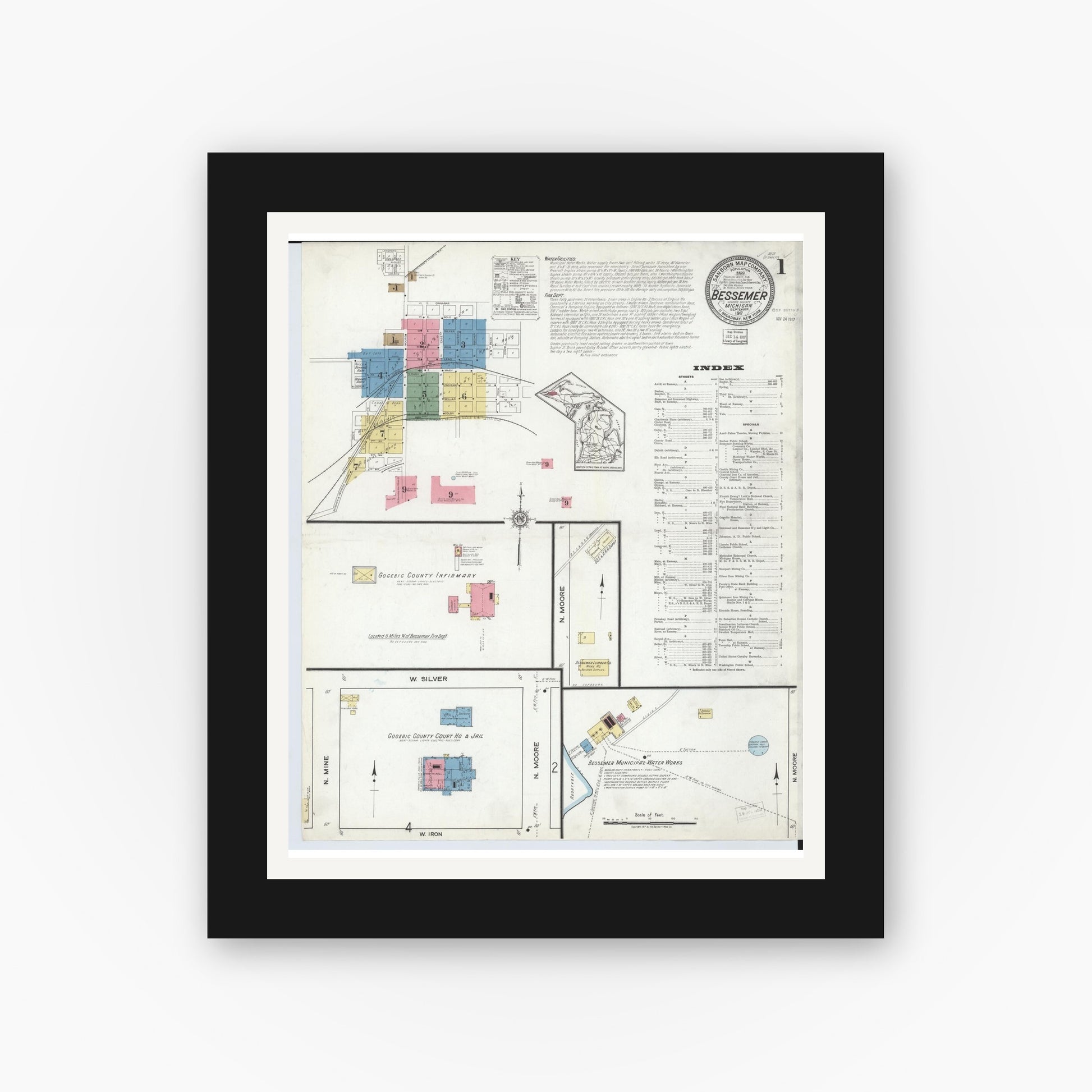Old map wall art mockup — black gallery frame with white mat — Sanborn Fire Insurance Map from Bessemer, Gogebic County, Michigan (1917) - Complete Map Set