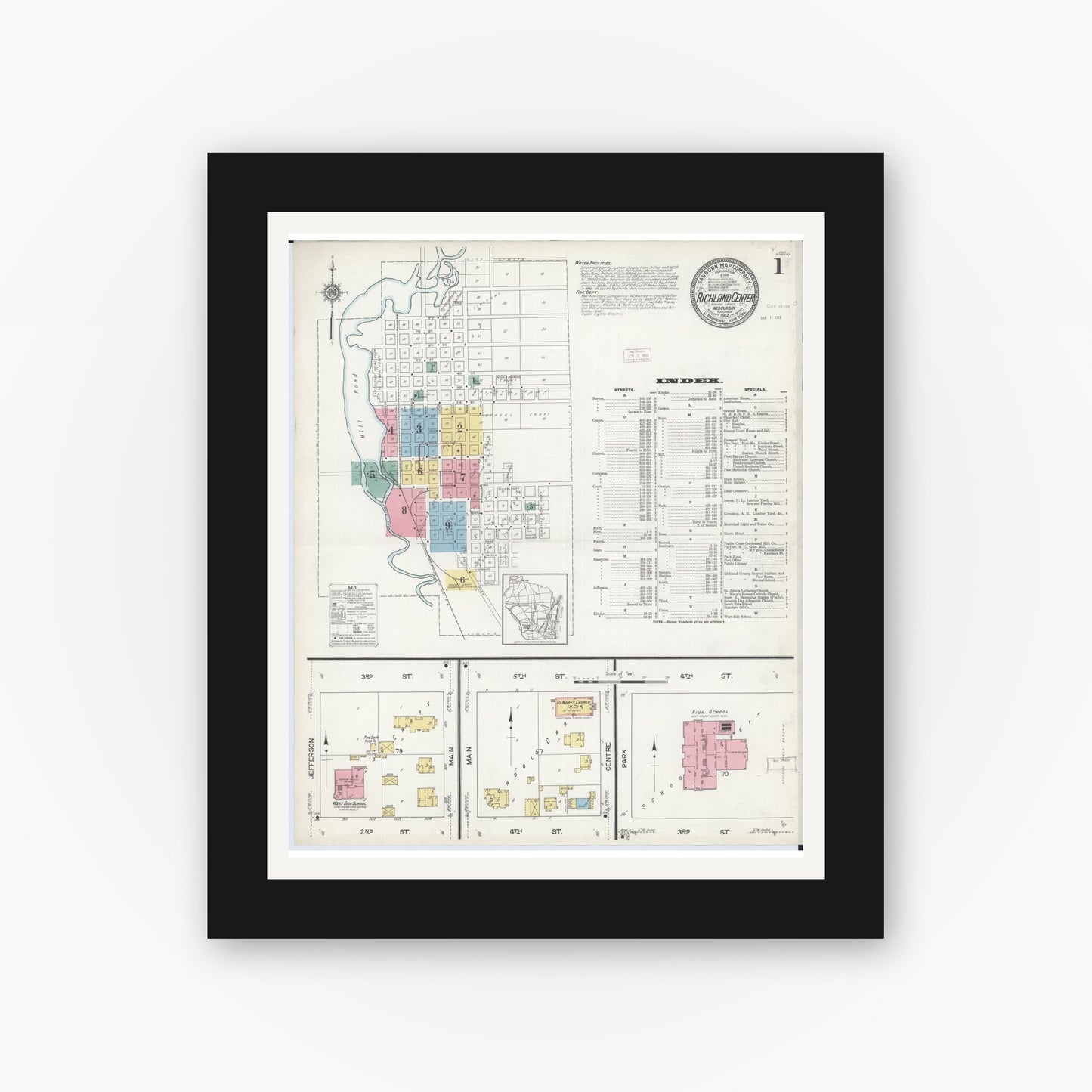 Old map wall art mockup — black gallery frame with white mat — Sanborn Fire Insurance Map from Richland Center, Richland County, Wisconsin (1912), Sheet #0001