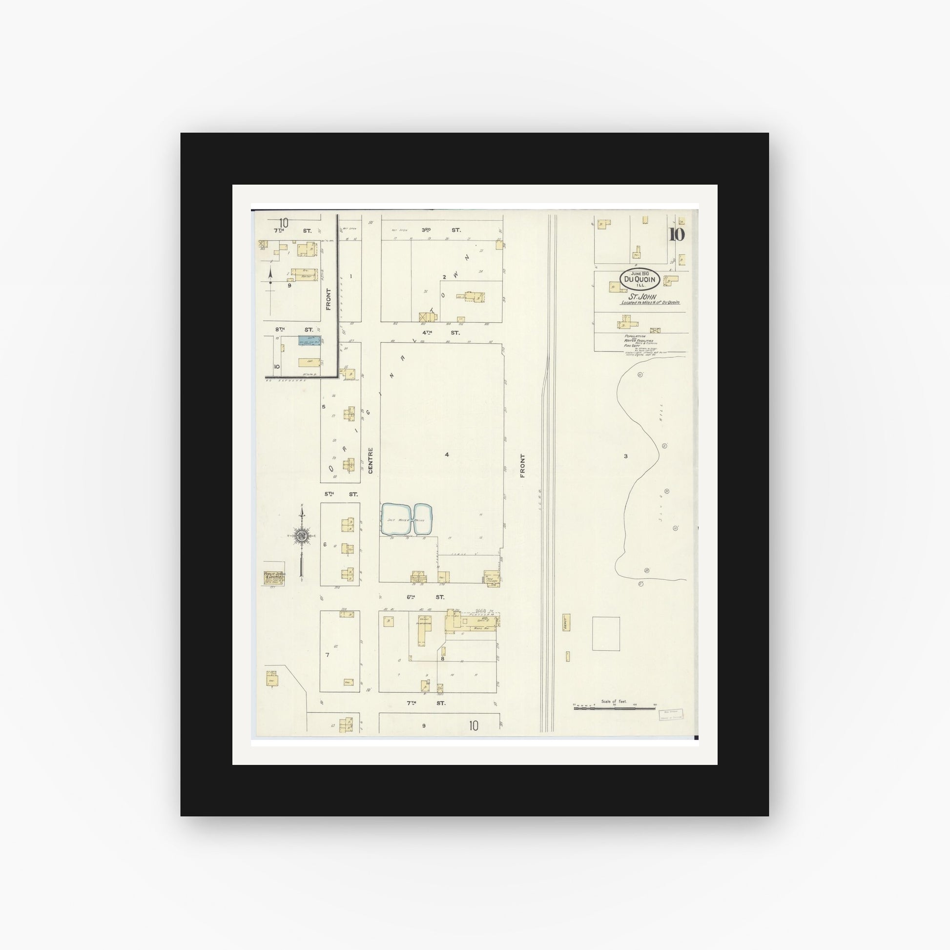 Old map wall art mockup — black gallery frame with white mat — Sanborn Fire Insurance Map from Du Quoin, Perry County, Illinois (1910), Sheet #0010