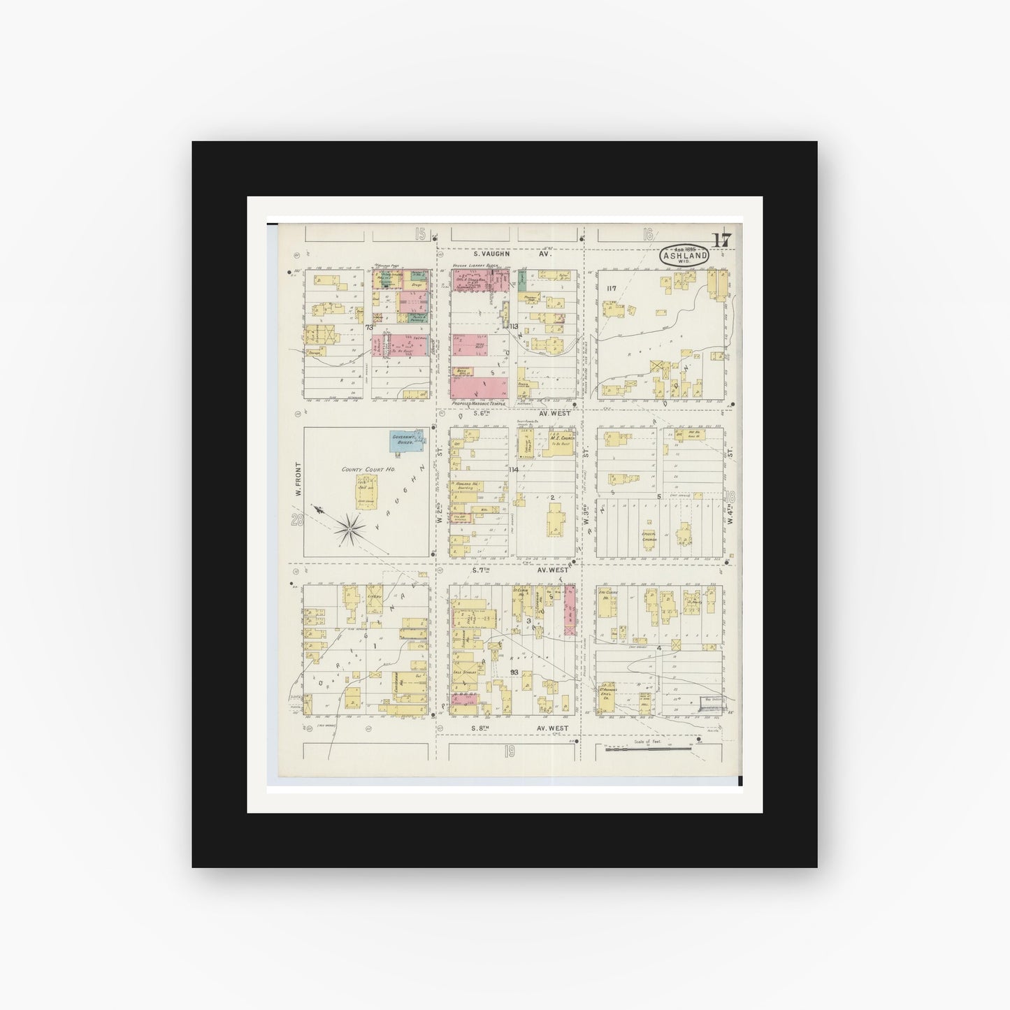 Old map wall art mockup — black gallery frame with white mat — Sanborn Fire Insurance Map from Ashland, Ashland County, Wisconsin (1895), Sheet #0017