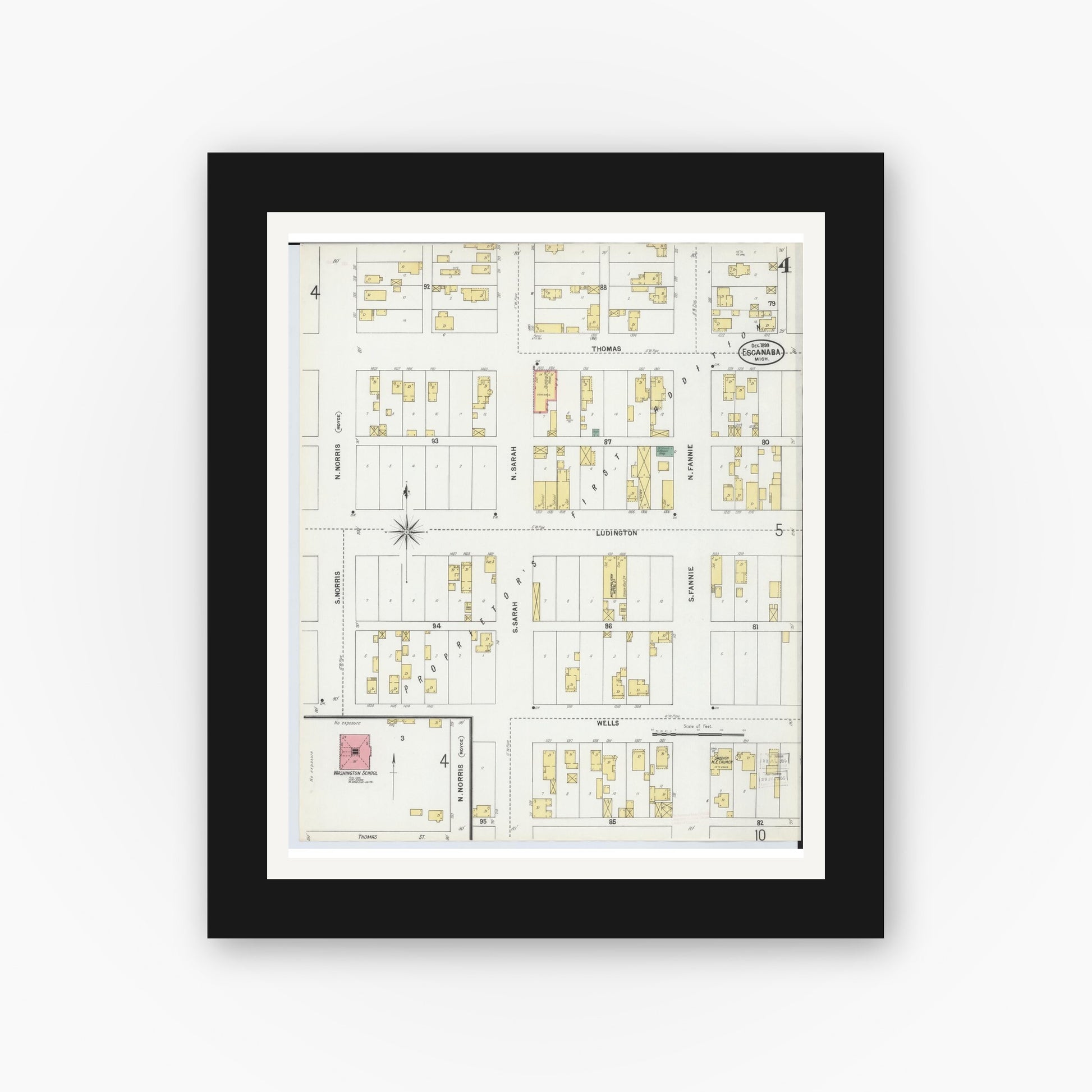 Old map wall art mockup — black gallery frame with white mat — Sanborn Fire Insurance Map from Escanaba, Delta County, Michigan (1899), Sheet #0004