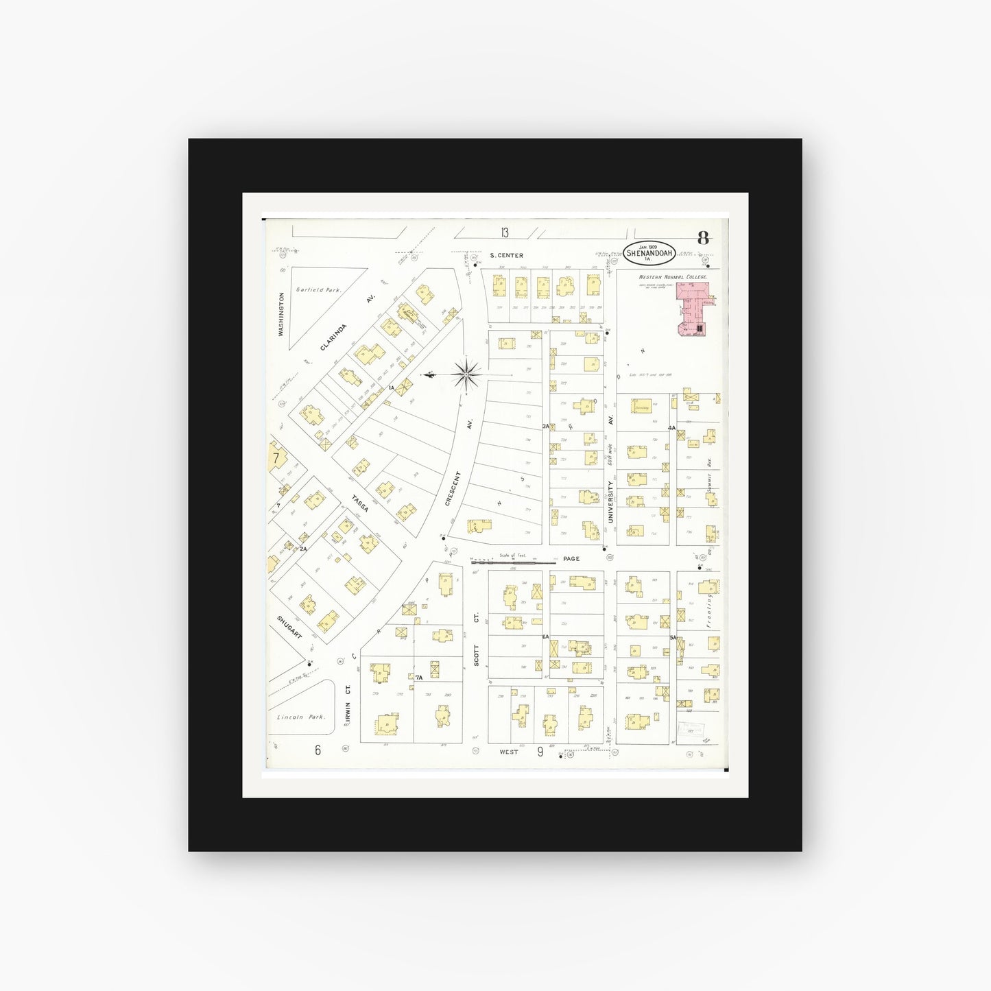 Old map wall art mockup — black gallery frame with white mat — Sanborn Fire Insurance Map from Shenandoah, Page County, Iowa (1909), Sheet #0008