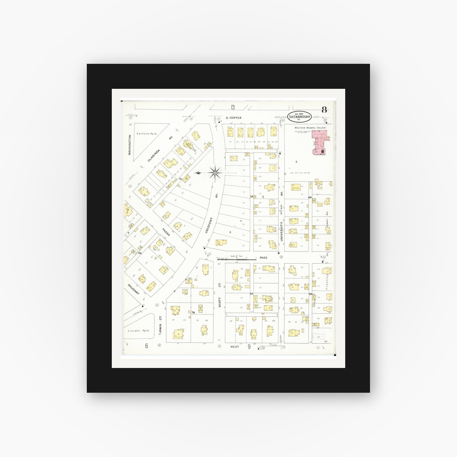 Old map wall art mockup — black gallery frame with white mat — Sanborn Fire Insurance Map from Shenandoah, Page County, Iowa (1909), Sheet #0008