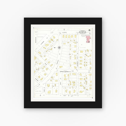 Old map wall art mockup — black gallery frame with white mat — Sanborn Fire Insurance Map from Shenandoah, Page County, Iowa (1909), Sheet #0008