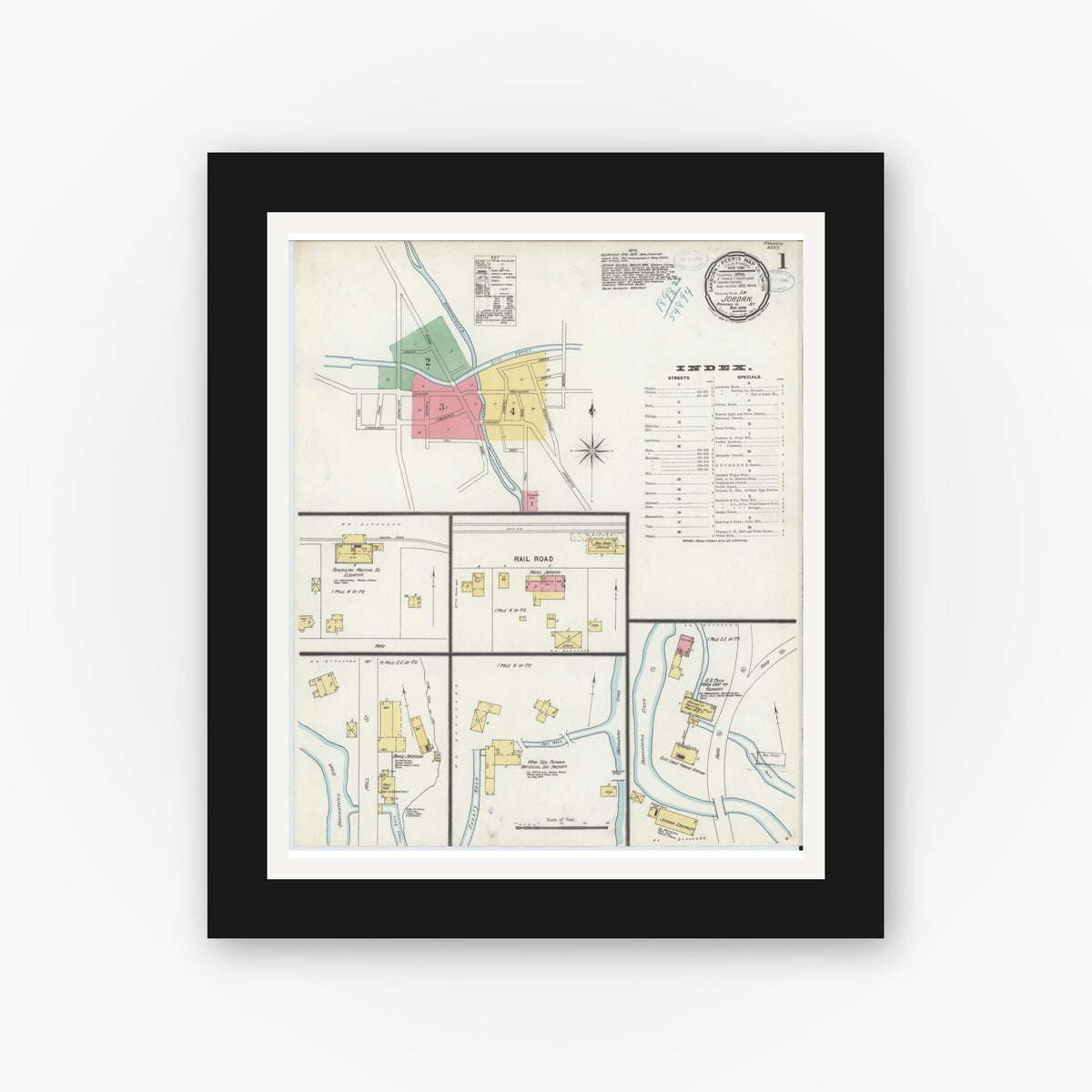 Old map wall art mockup — black gallery frame with white mat — Sanborn Fire Insurance Map from Jordan, Onondaga County, New York (1898) - Complete Map Set