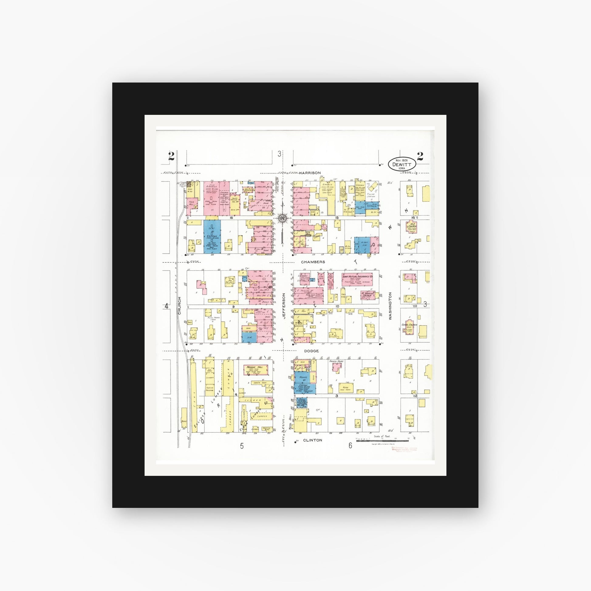 Old map wall art mockup — black gallery frame with white mat — Sanborn Fire Insurance Map from De Witt, Clinton County, Iowa (1926), Sheet #0002