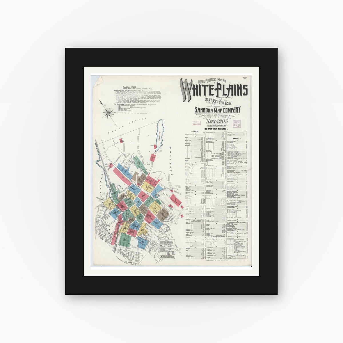 Old map wall art mockup — black gallery frame with white mat — Sanborn Fire Insurance Map from White Plains, Westchester County, New York (1905) - Complete Map Set