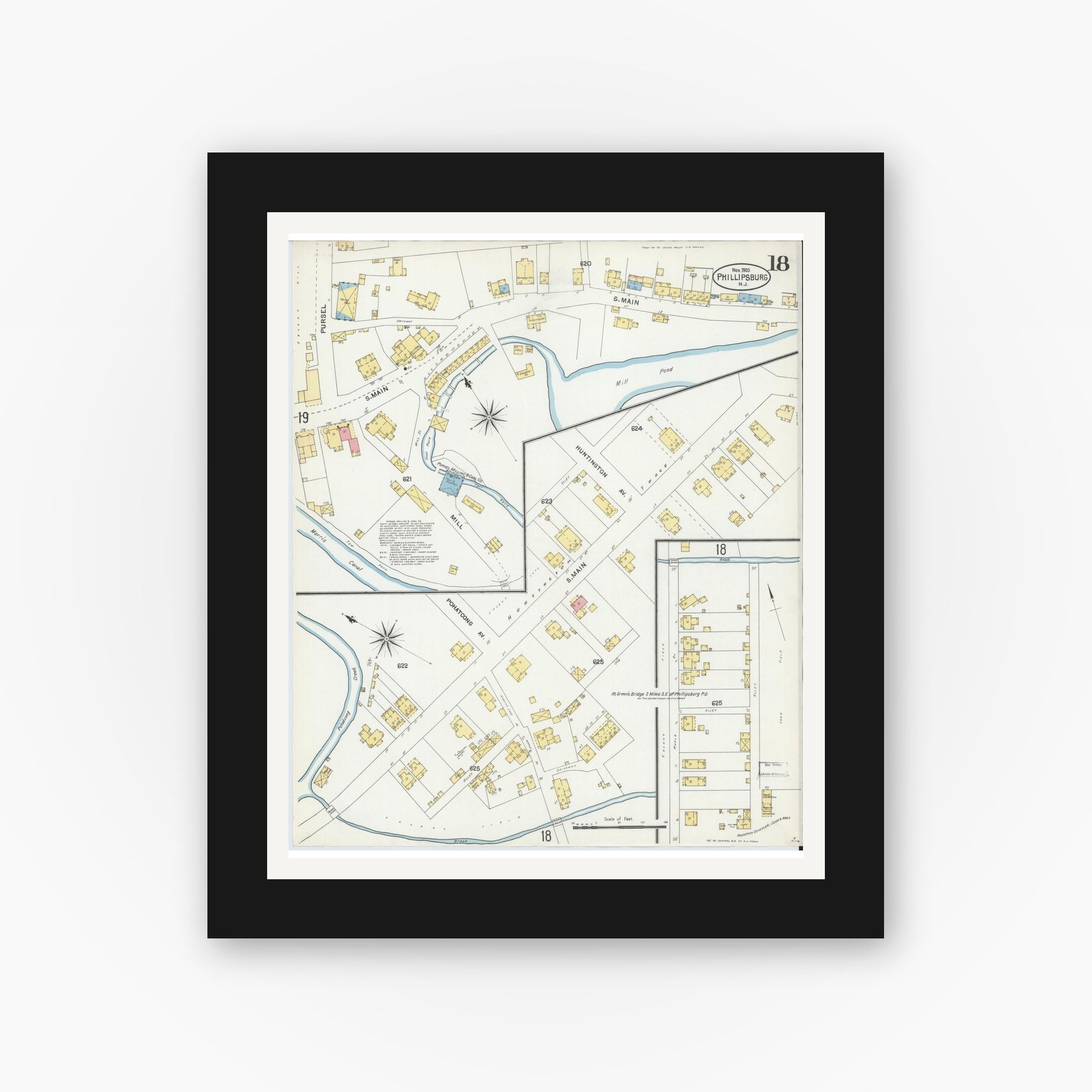 Old map wall art mockup — black gallery frame with white mat — Sanborn Fire Insurance Map from Phillipsburg, Warren County, New Jersey (1903), Sheet #0018