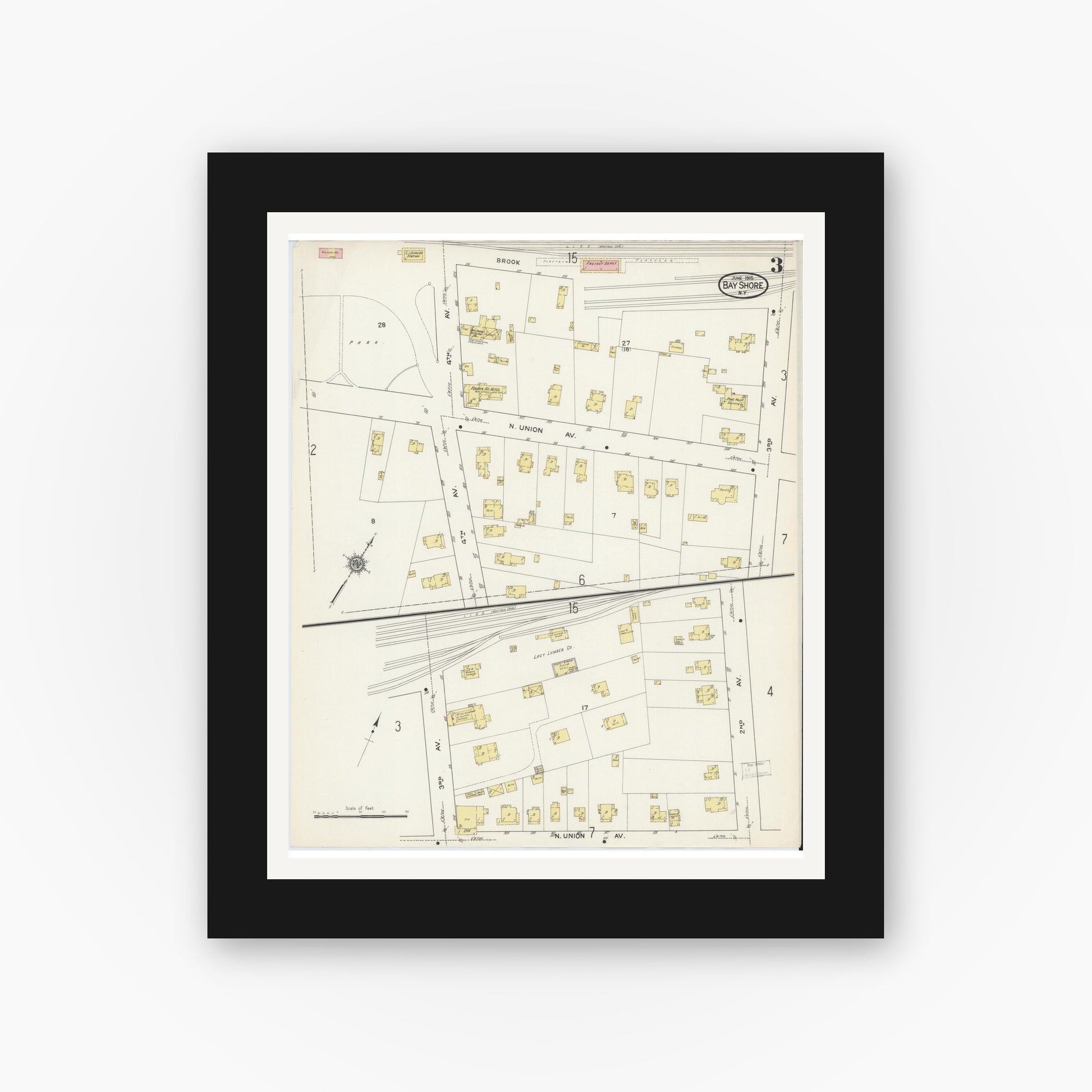 Old map wall art mockup — black gallery frame with white mat — Sanborn Fire Insurance Map from Bay Shore, Suffolk County, New York (1915), Sheet #0003